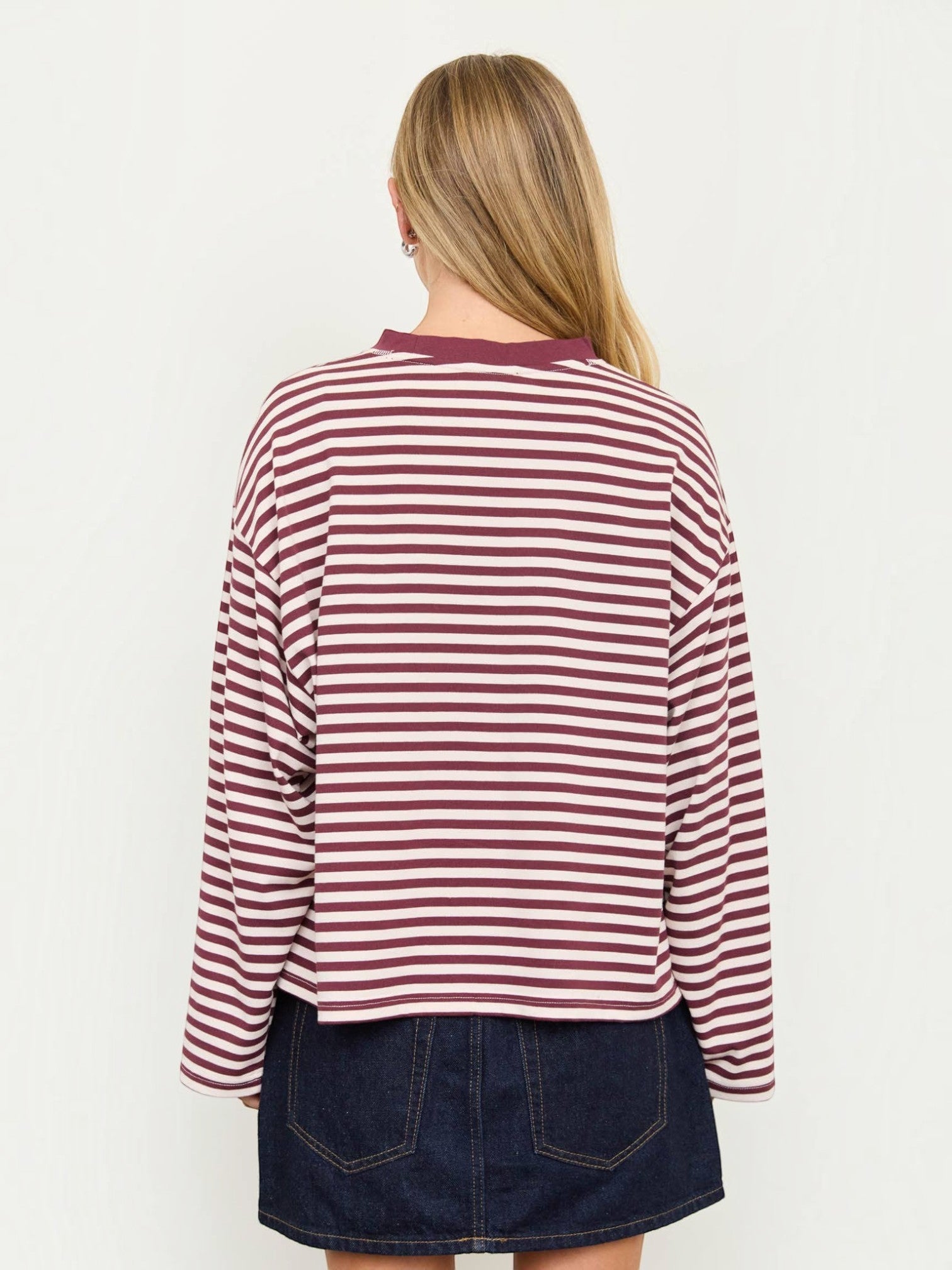 Back view of Mialur long-sleeve striped crew neck top with drop shoulders in burgundy and white cotton blend.
