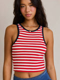 Model wearing a Mialur red and white horizontal striped cropped tank top with navy blue trim and a scoop neckline.