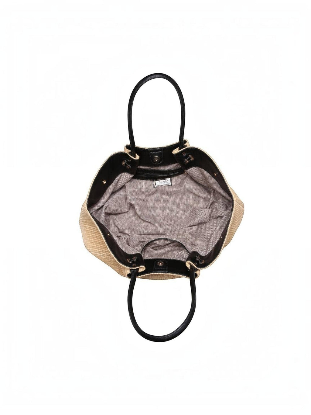 Mialur Summer Tote Bag in natural woven straw with black handles and interior lining, viewed from above.