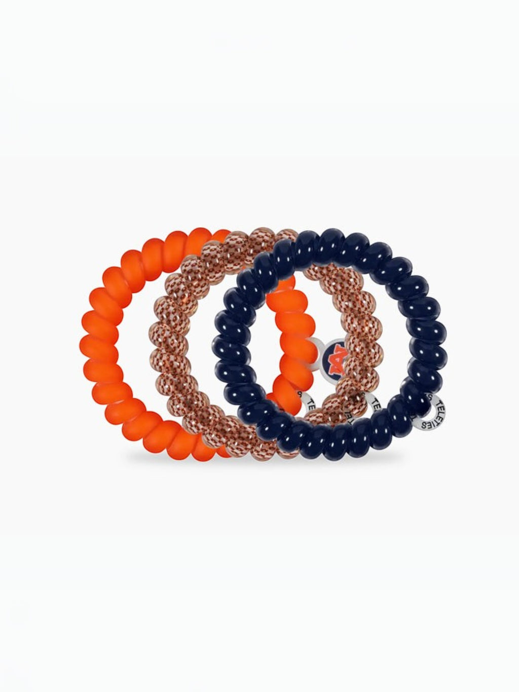Mialur TELETIES War Eagle large hair ties in orange, navy, and patterned designs with Auburn University logo charm.