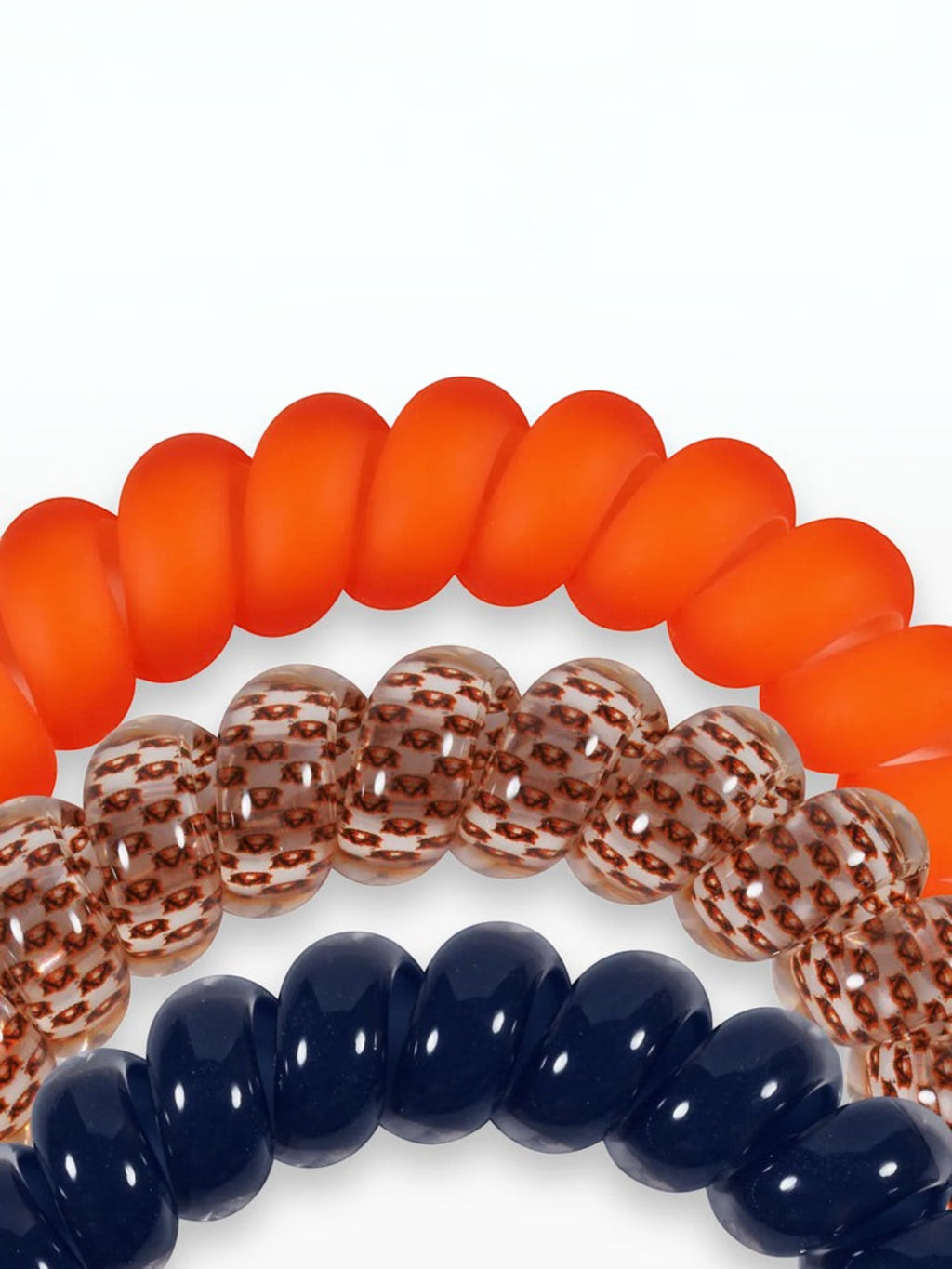 Mialur TELETIES War Eagle large hair ties in orange, navy, and patterned clear spiral designs for strong, gentle hold.
