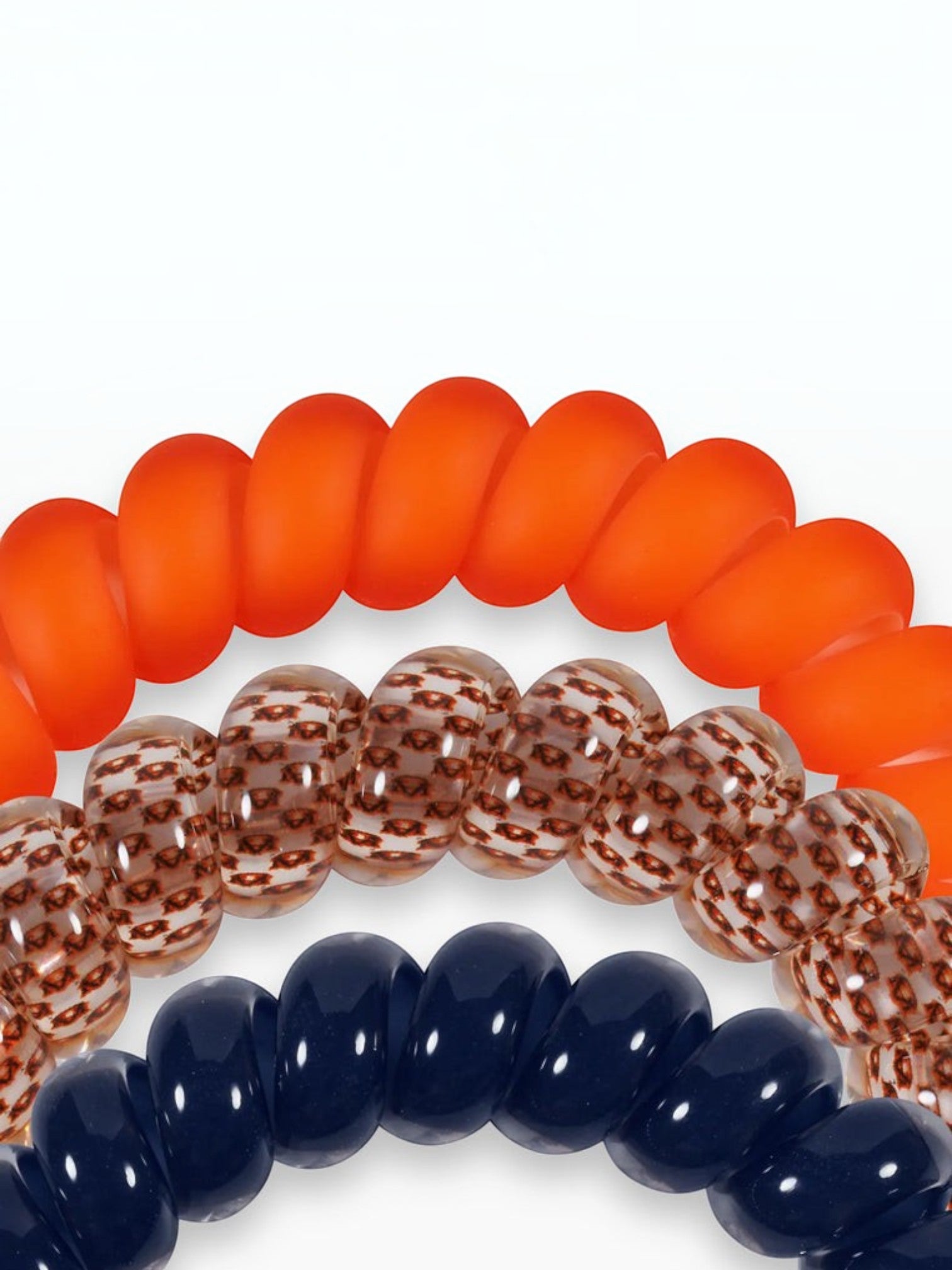 Mialur TELETIES War Eagle large hair ties in orange, navy, and patterned clear spiral designs for strong, gentle hold.