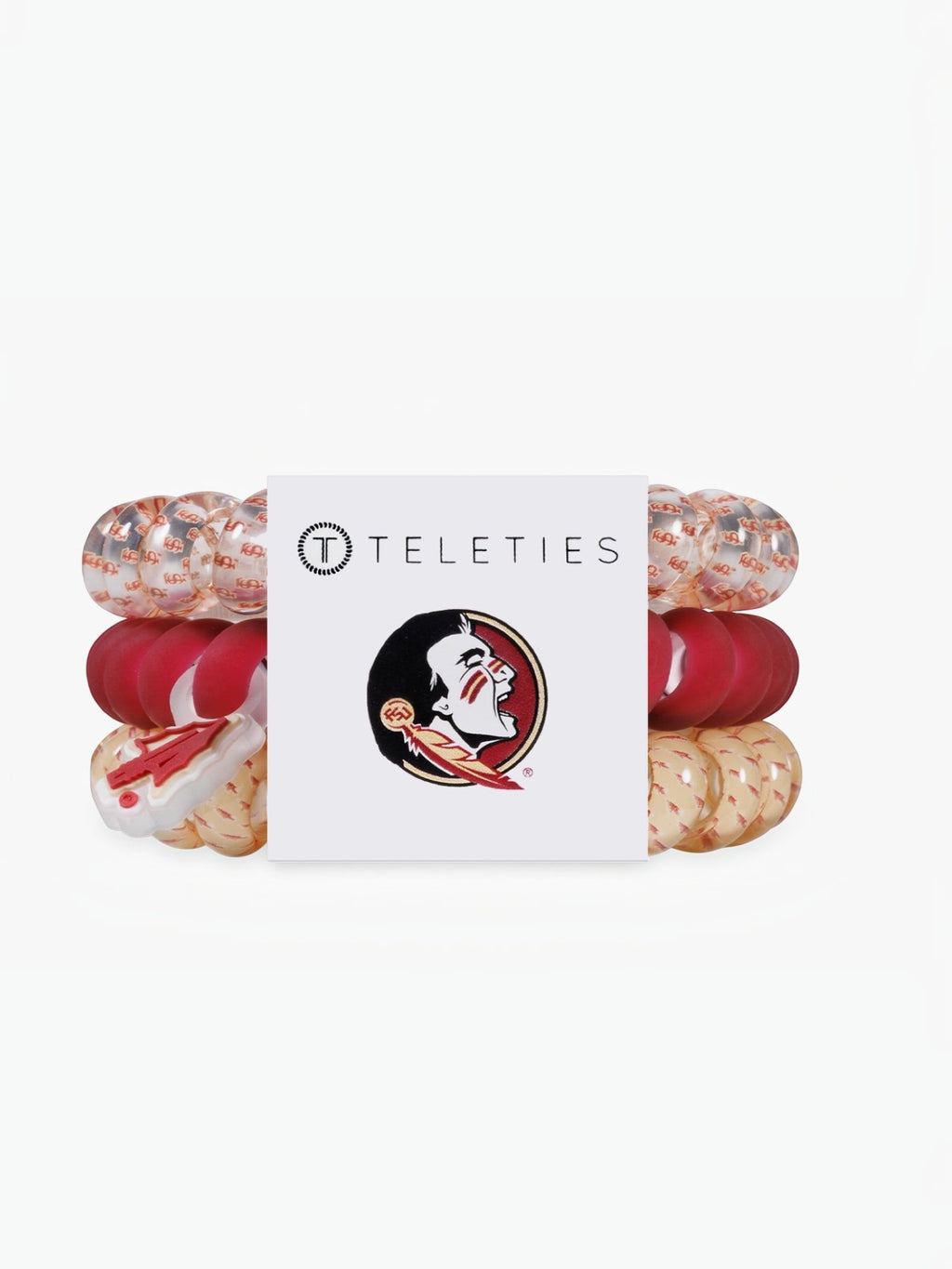 Mialur TELETIES Go Noles! large hair ties in garnet and gold with Florida State University branding