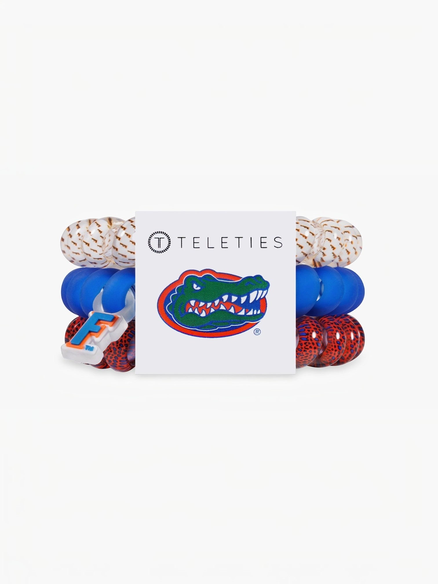 Mialur TELETIES Go Gators large hair ties in orange, white, and blue with University of Florida logo charm