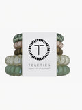 Mialur TELETIES Mossy Moments spiral hair ties in olive and sage green, five-pack with small and large coil sizes.