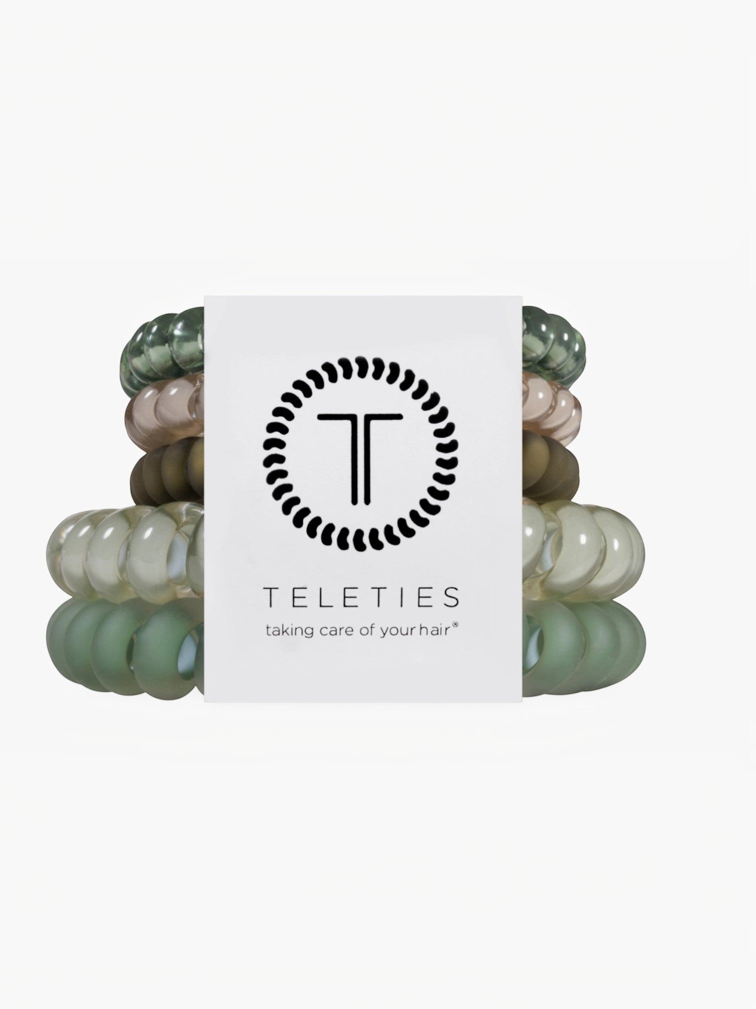 Mialur TELETIES Mossy Moments spiral hair ties in olive and sage green, five-pack with small and large coil sizes.
