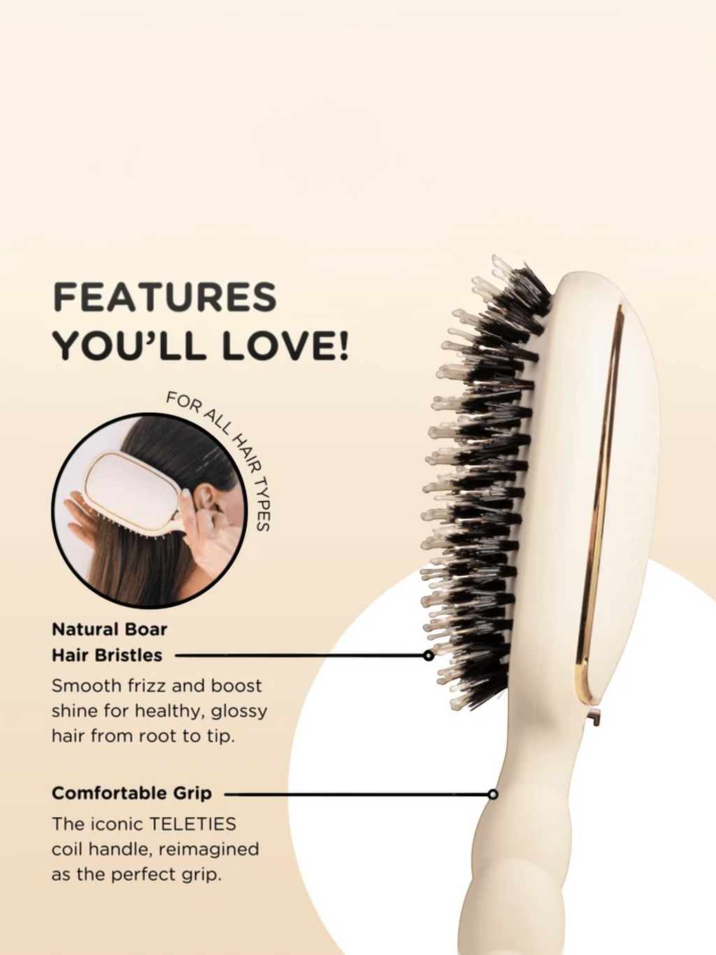 Mialur TELETIES tan boar bristle hair brush with coil-inspired handle and smoothing nylon bristles for sleek styles
