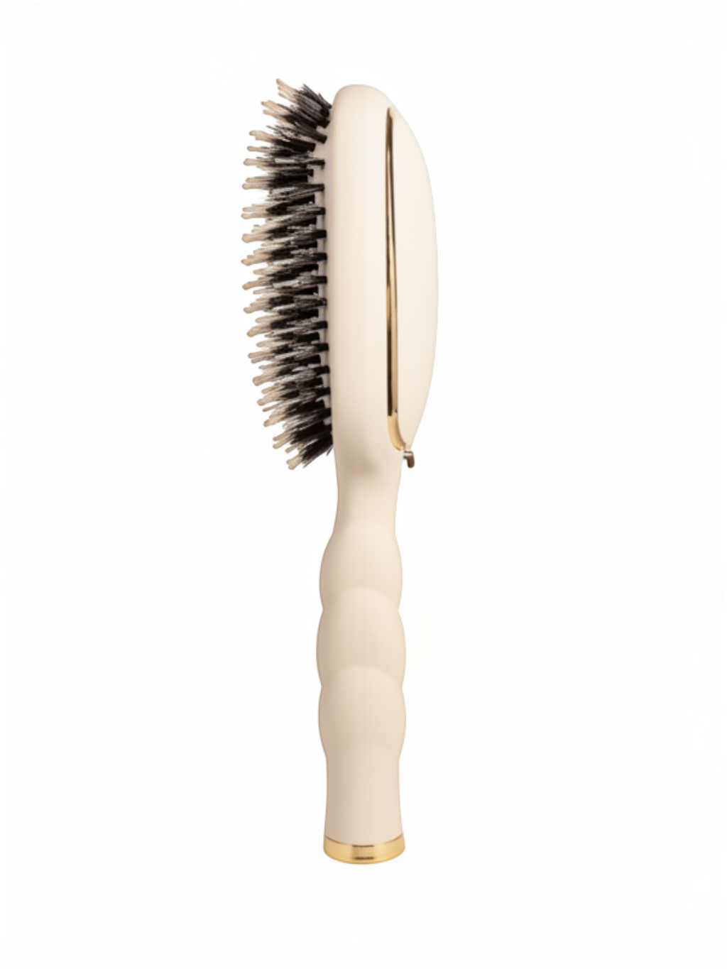 Mialur TELETIES tan boar bristle hair brush with a coil-inspired grip and gold accents shown from the side