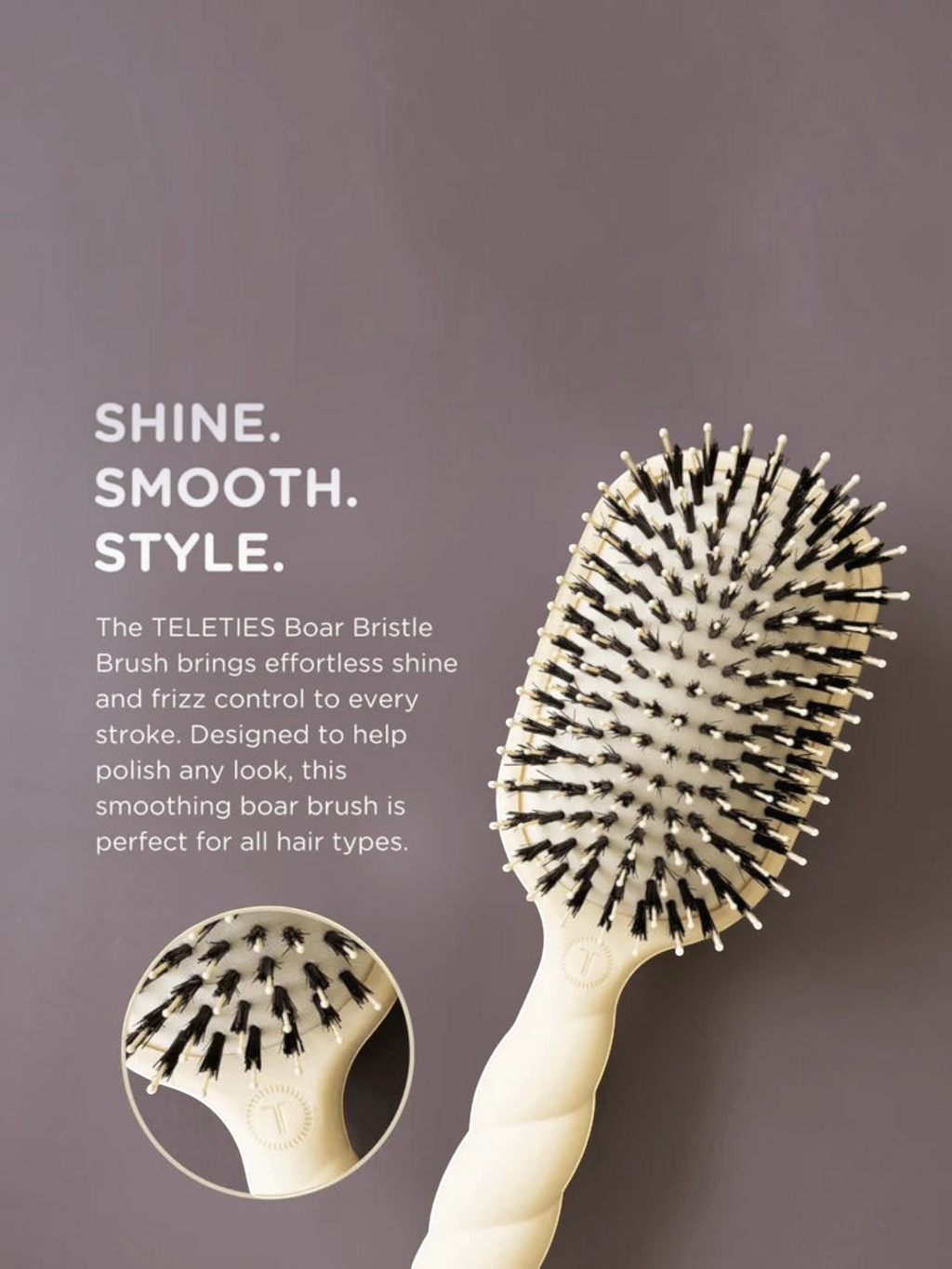 Mialur TELETIES tan boar bristle hair brush with nylon bristles and a coil-inspired handle for smoothing flyaways.