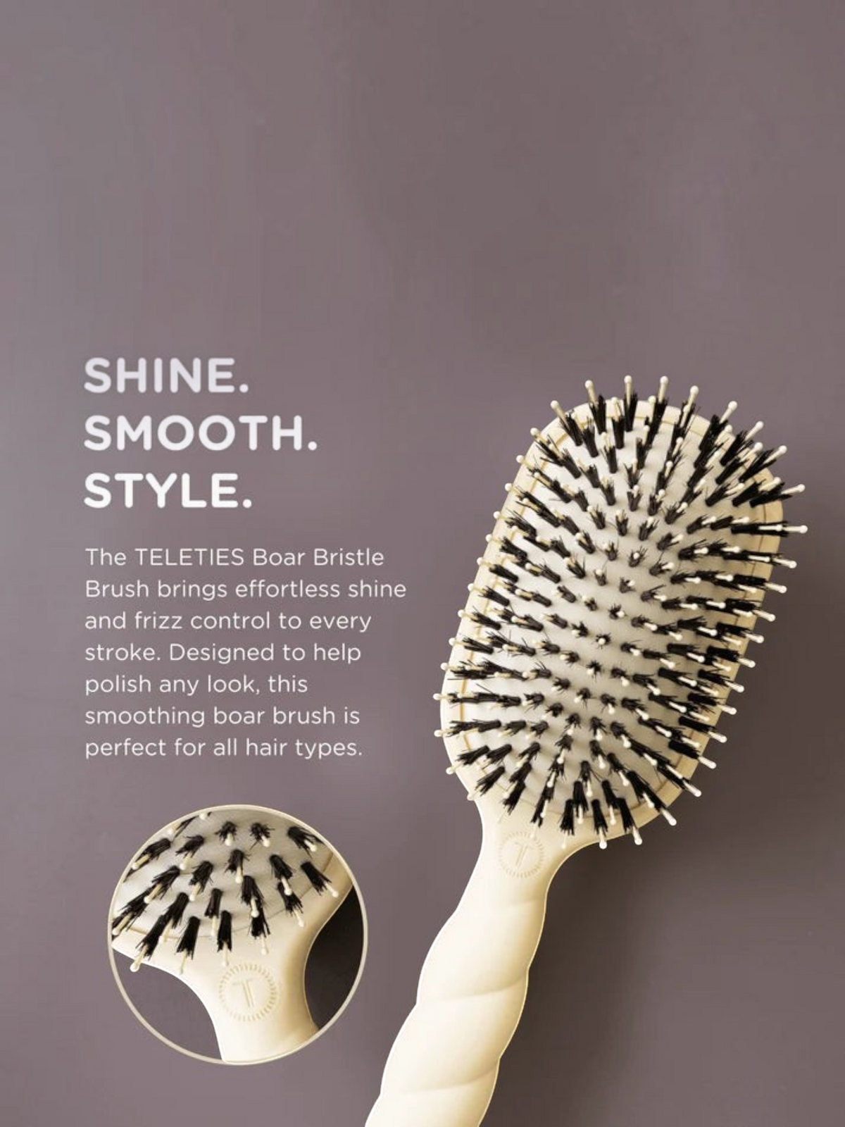 Mialur TELETIES tan boar bristle hair brush with nylon bristles and a coil-inspired handle for smoothing flyaways.