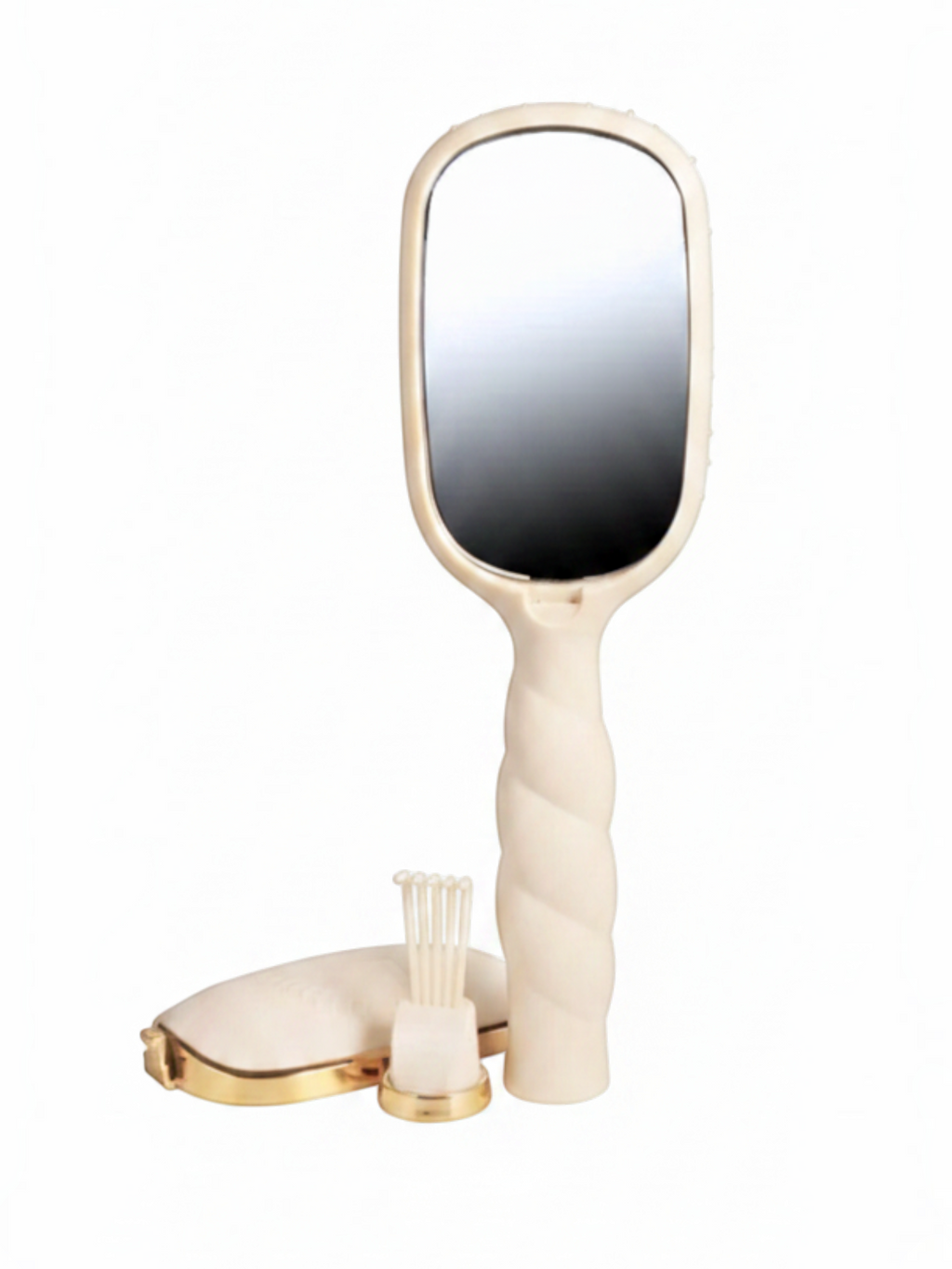 Mialur TELETIES tan boar bristle hair brush with mirror, coil-inspired handle, and gold hair pick accessory.