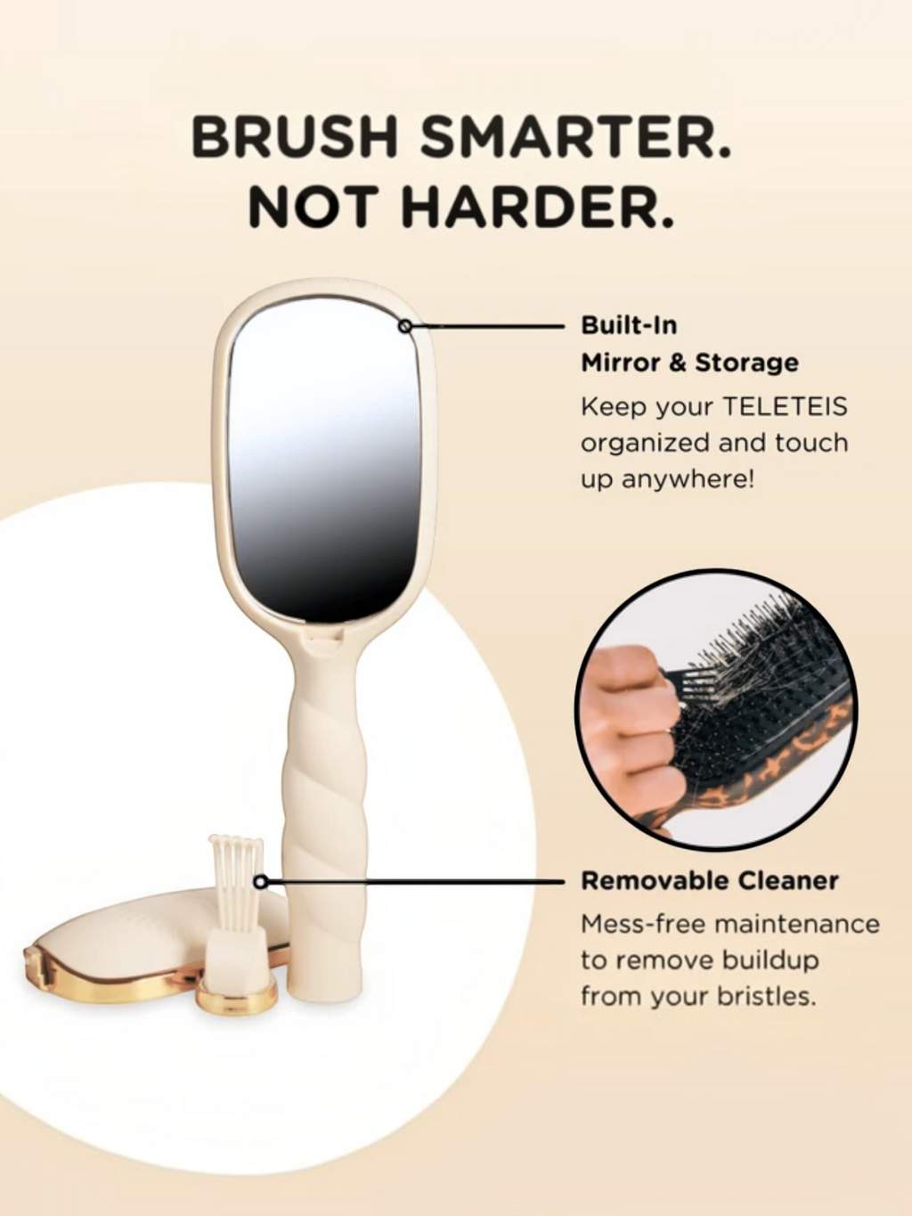Mialur TELETIES tan boar bristle hair brush featuring a built-in mirror, hidden storage, and a gold hair cleaning pick.