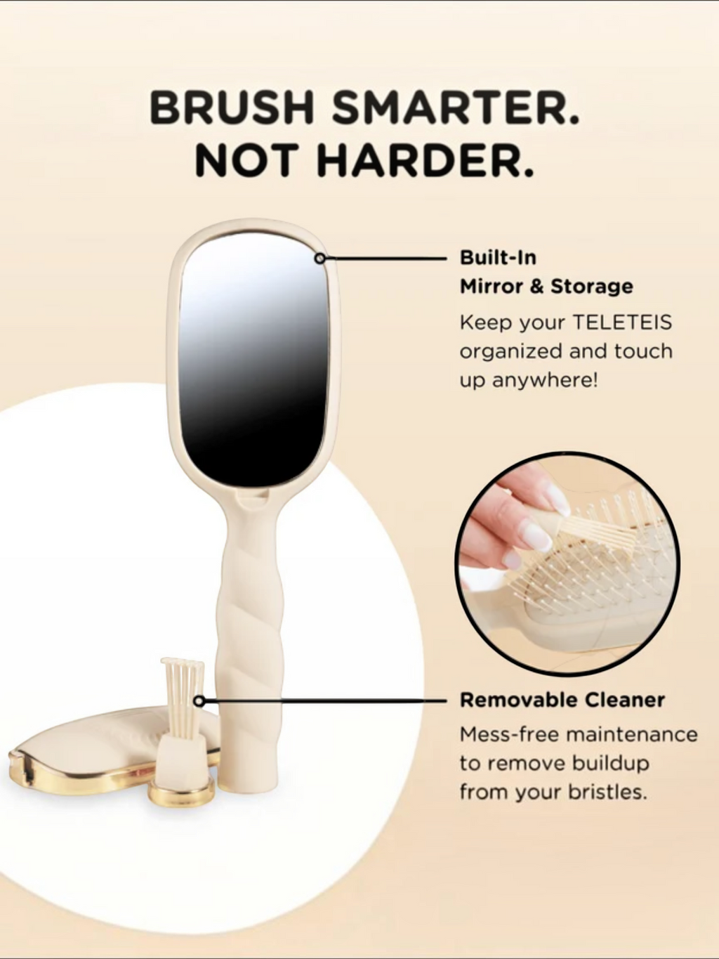 Mialur TELETIES tan detangler hair brush with built-in mirror, storage compartment, and removable gold cleaning pick.