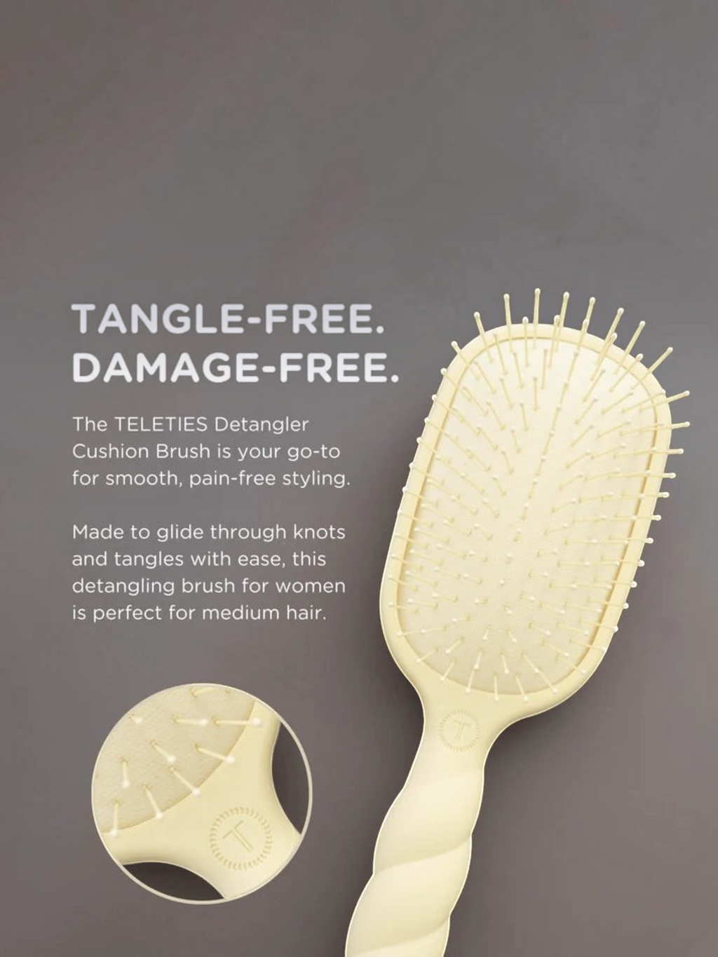 Mialur TELETIES tan detangler brush for medium hair with gentle glide bristles and a coil-inspired handle