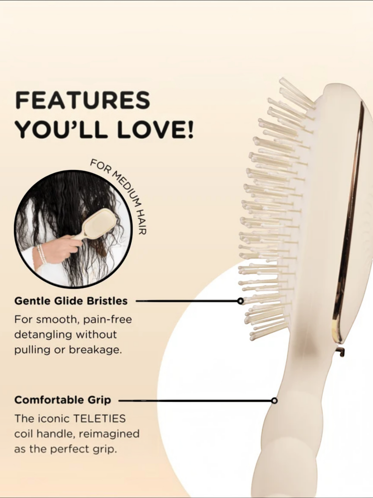 Mialur TELETIES tan detangler brush for medium hair with gentle glide bristles and a comfortable coil-inspired grip.
