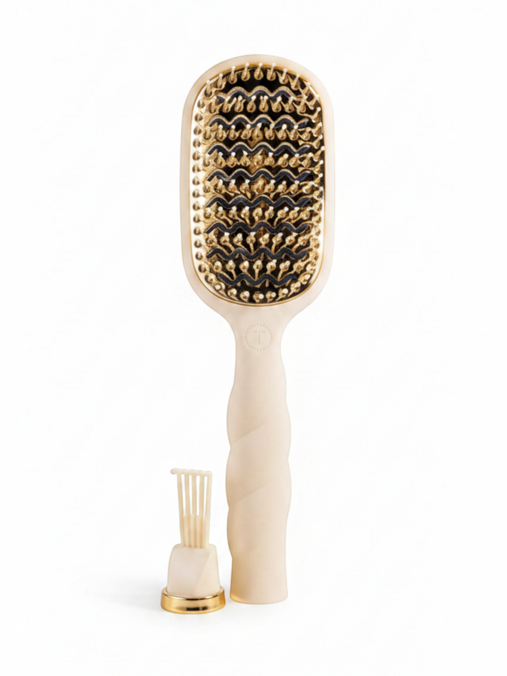 Mialur TELETIES tan vented hair brush with aluminum plate, coil-inspired handle, and detachable gold cleaning pick.