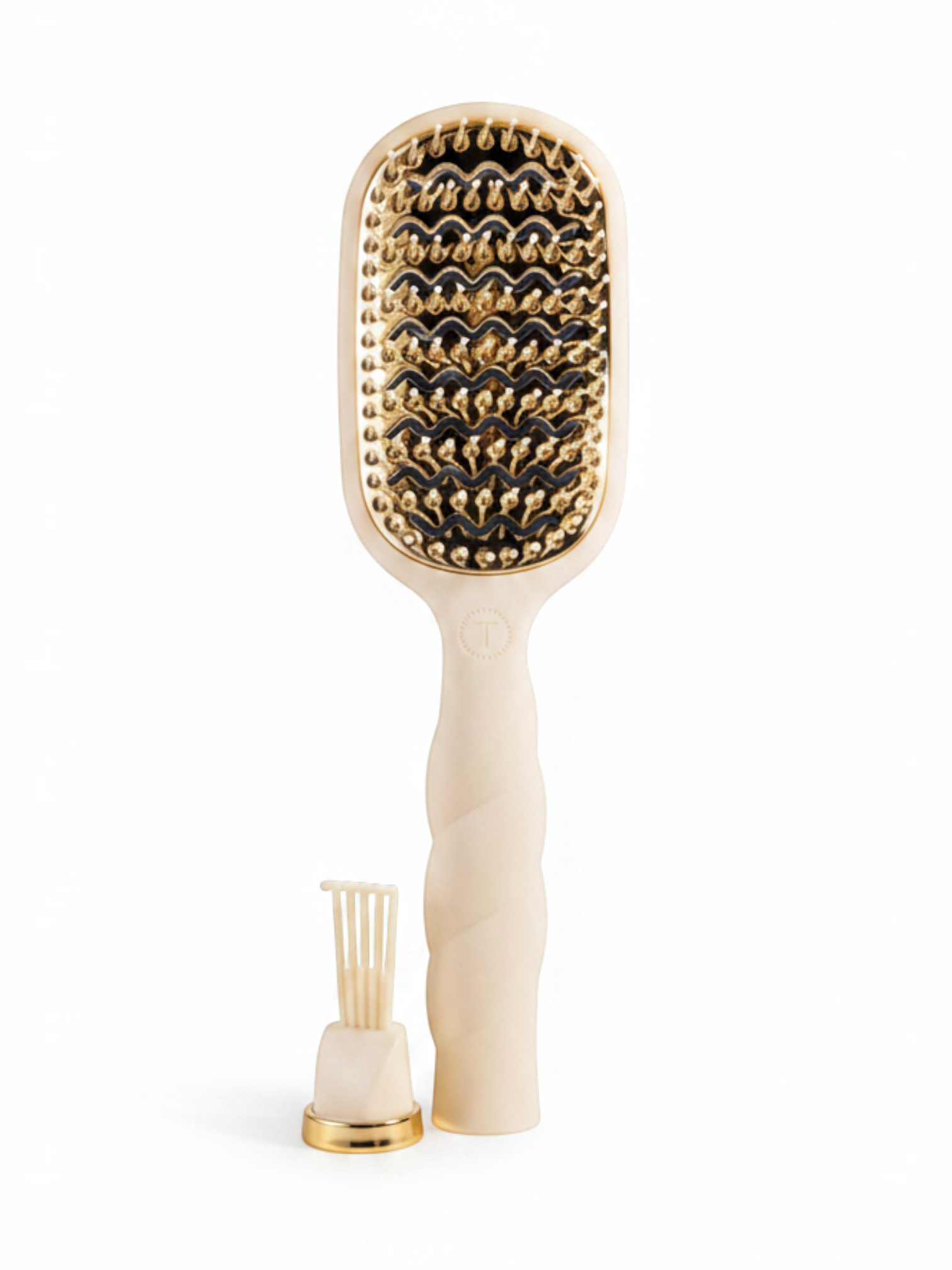 Mialur TELETIES tan vented hair brush with aluminum plate, coil-inspired handle, and detachable gold cleaning pick.