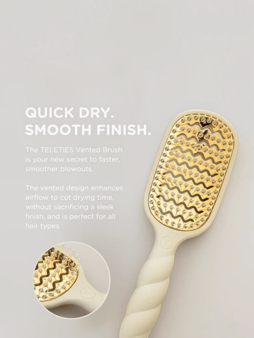 Mialur TELETIES tan vented hair brush with a gold aluminum plate and a coil-inspired handle for fast blow-drying.