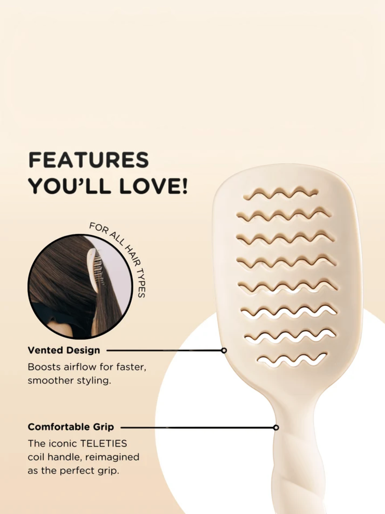Mialur TELETIES tan vented hair brush with airflow design and coil-inspired handle for faster styling