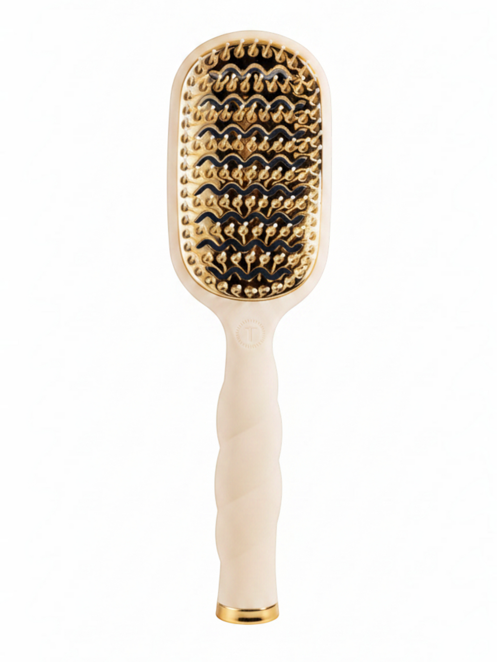 Mialur TELETIES tan vented hair brush with aluminum plate, coil-inspired handle, and gold cleaning pick.