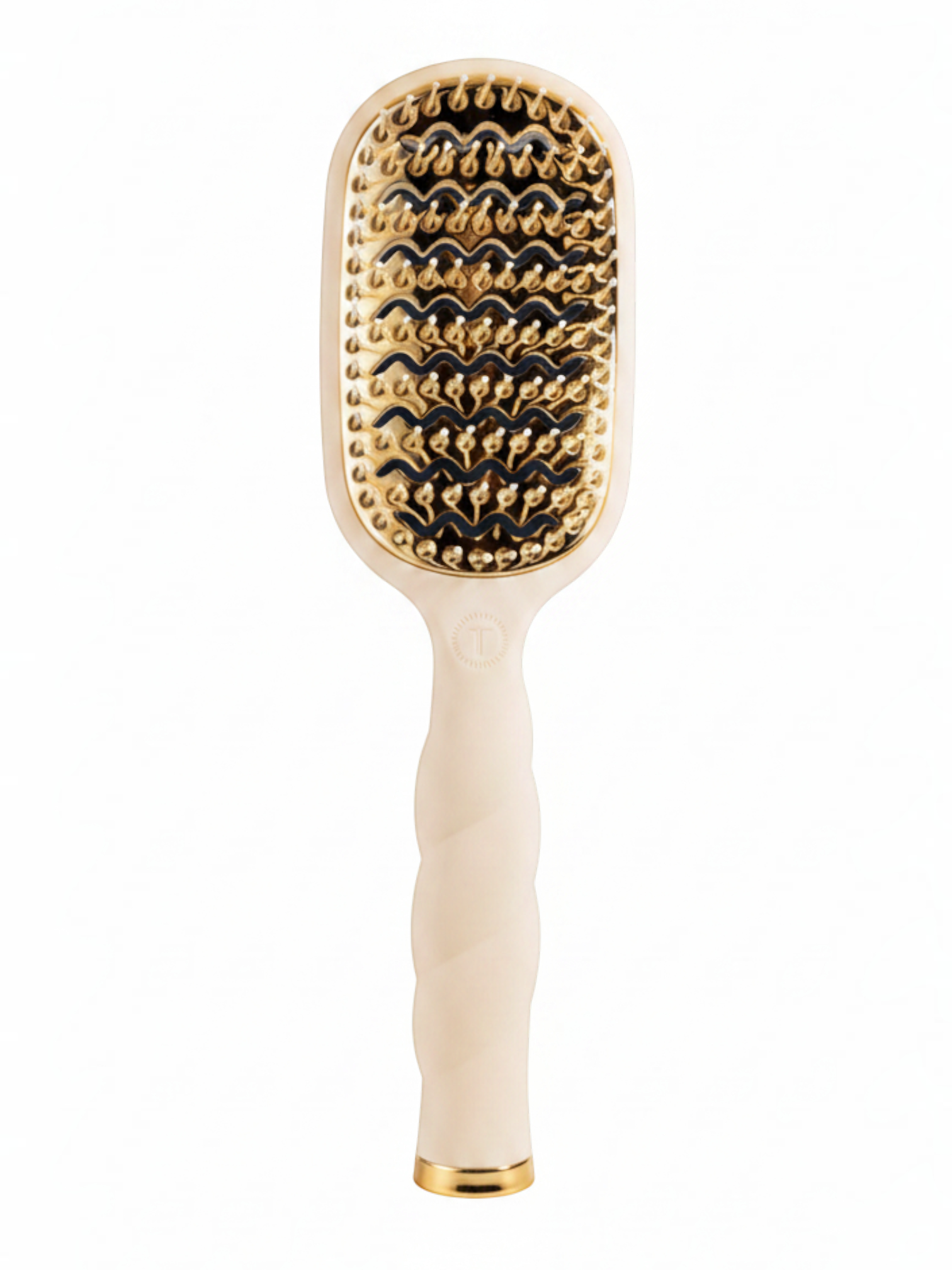 Mialur TELETIES tan vented hair brush with aluminum plate, coil-inspired handle, and gold cleaning pick.
