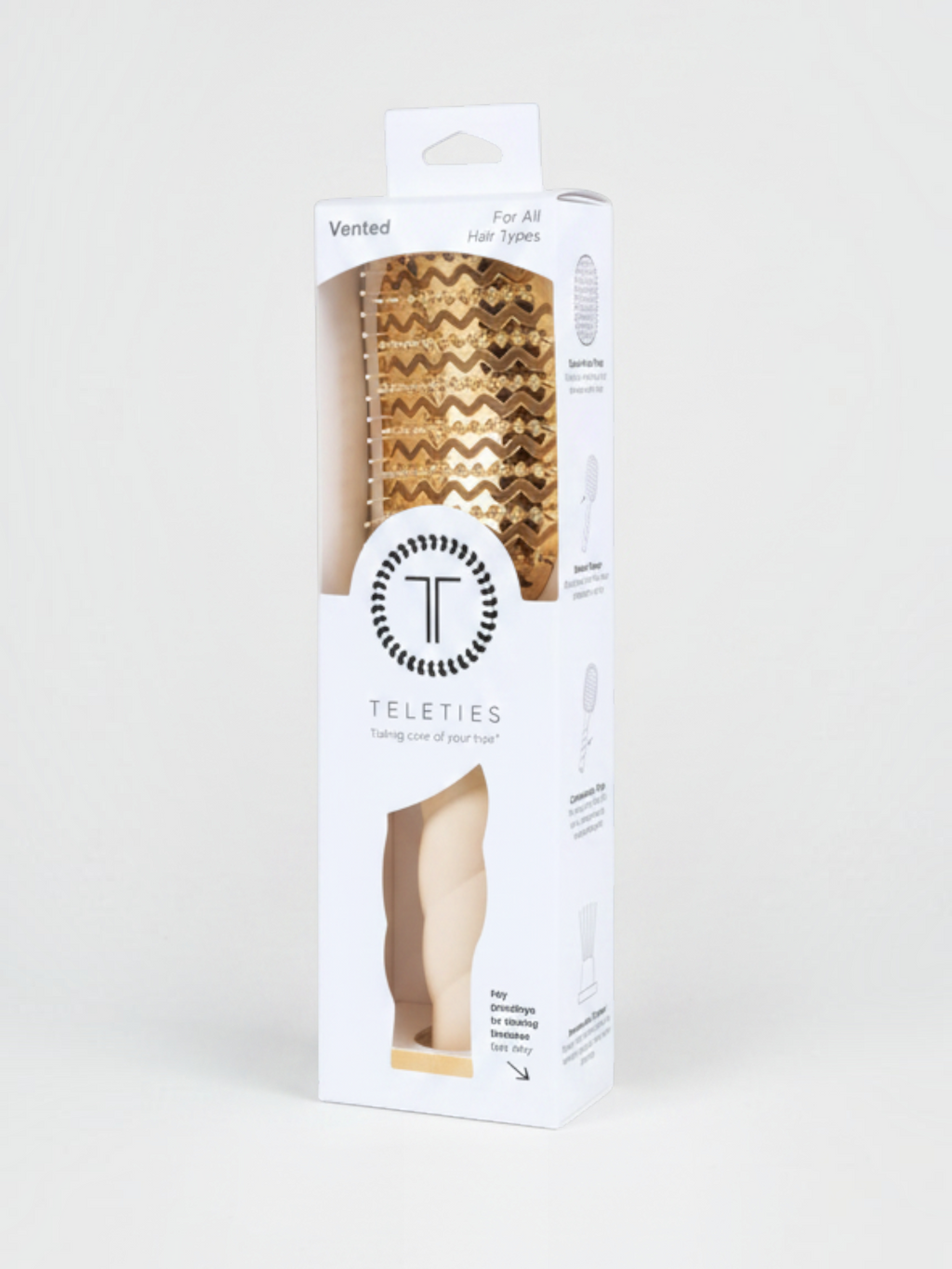 Mialur TELETIES tan vented hair brush in packaging with aluminum plate and coil-inspired grip for fast drying