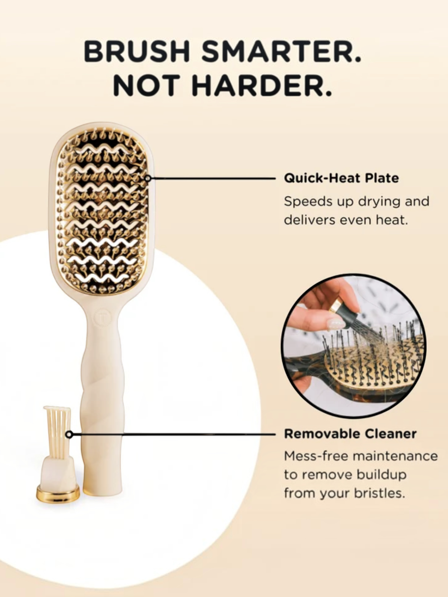 Mialur TELETIES tan vented hair brush with aluminum heat plate and removable gold cleaning pick for easy maintenance.