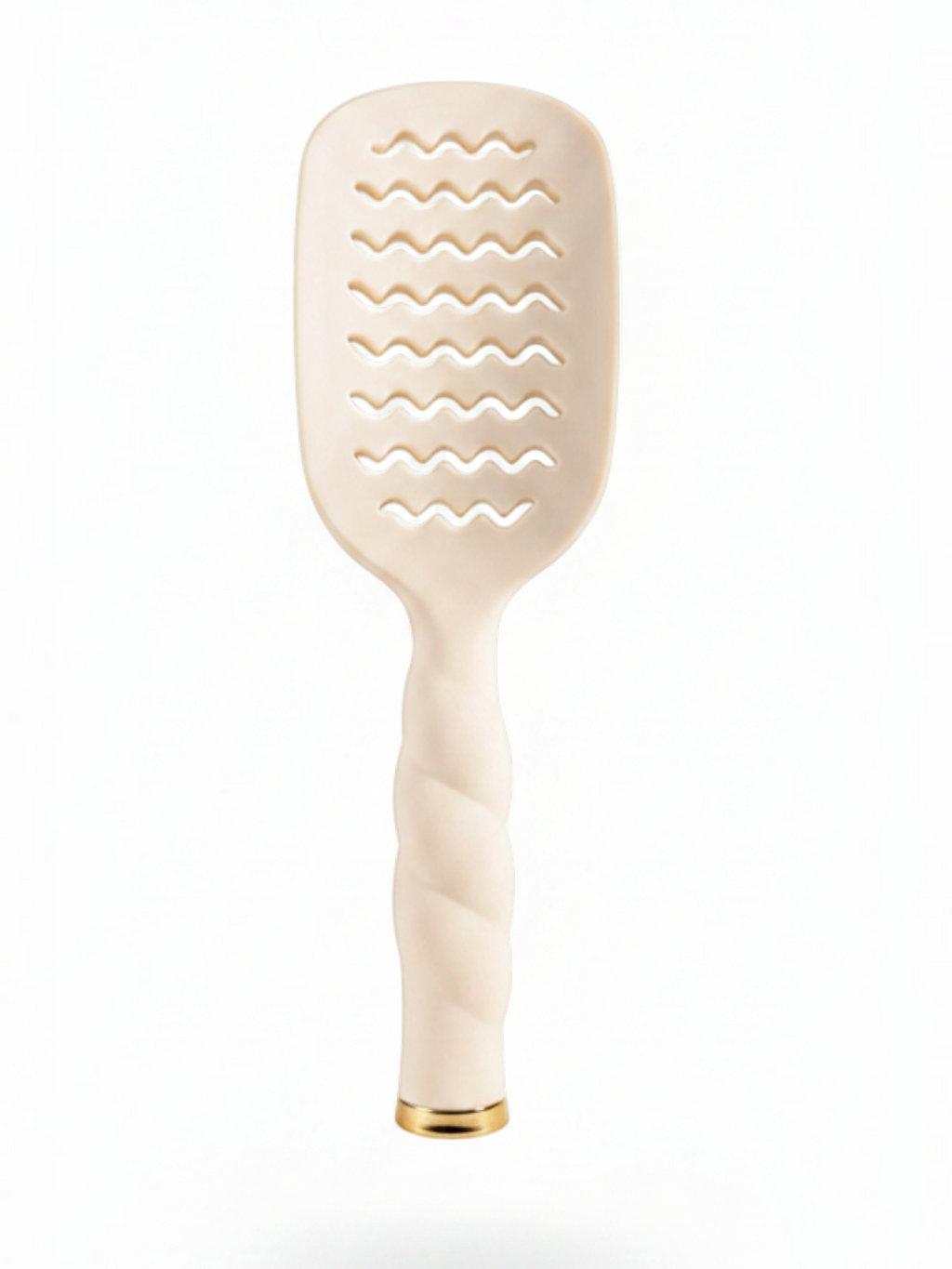 Mialur TELETIES tan vented hair brush with a coil-inspired handle and gold base for fast blow-drying and styling.