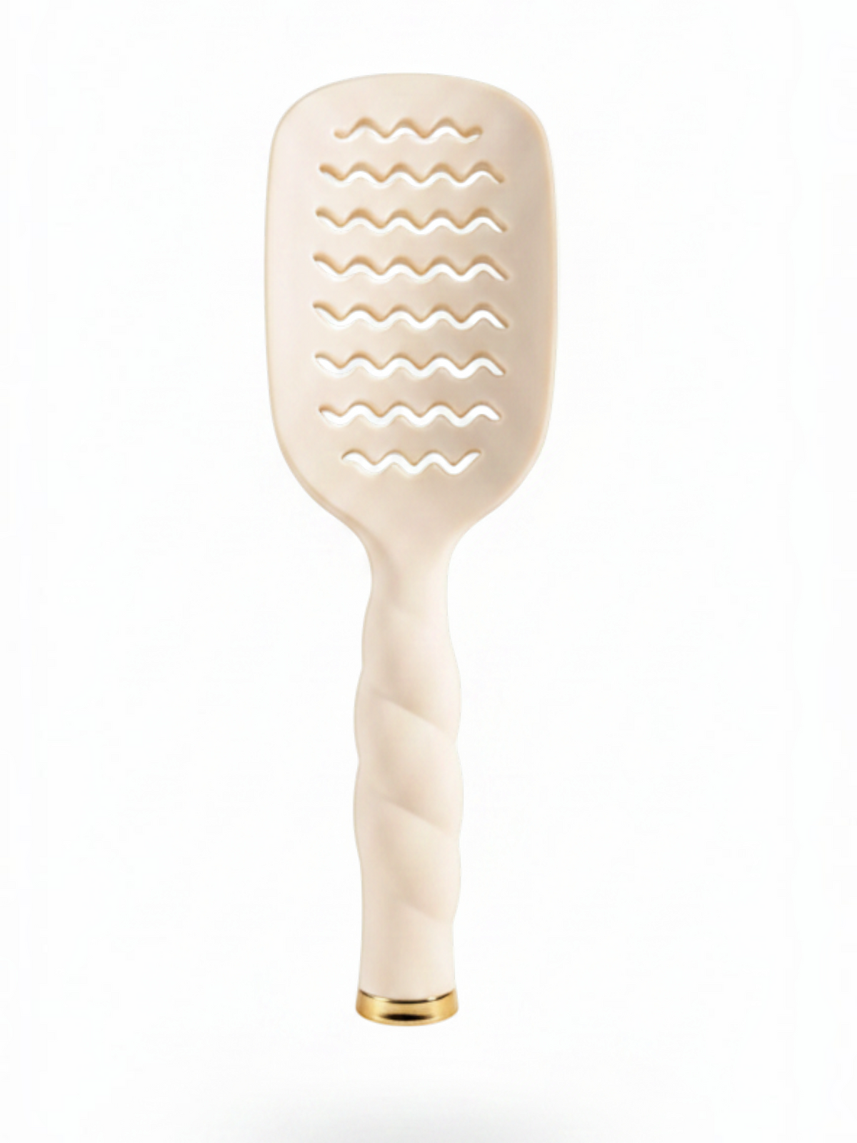 Mialur TELETIES tan vented hair brush with a coil-inspired handle and gold base for fast blow-drying and styling.