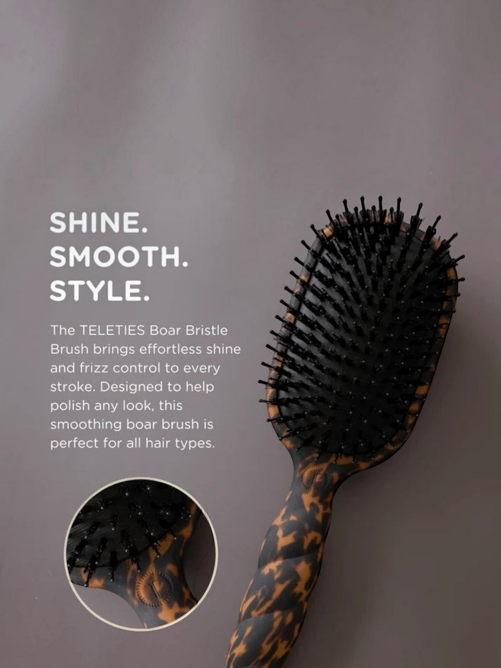 Mialur TELETIES boar bristle hair brush in tortoise pattern with a coil-inspired grip for smoothing and styling.
