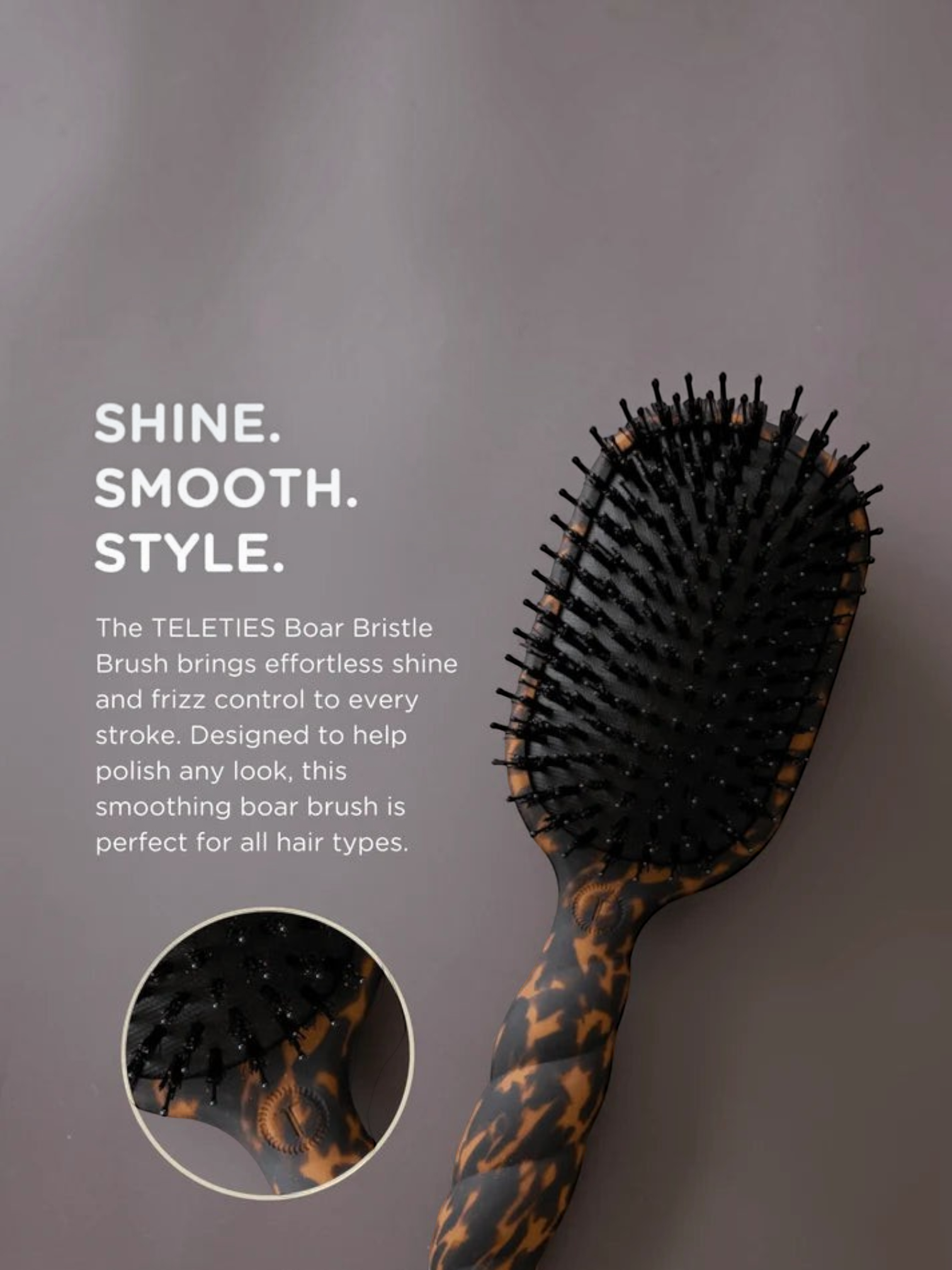 Mialur TELETIES boar bristle hair brush in tortoise pattern with a coil-inspired grip for smoothing and styling.