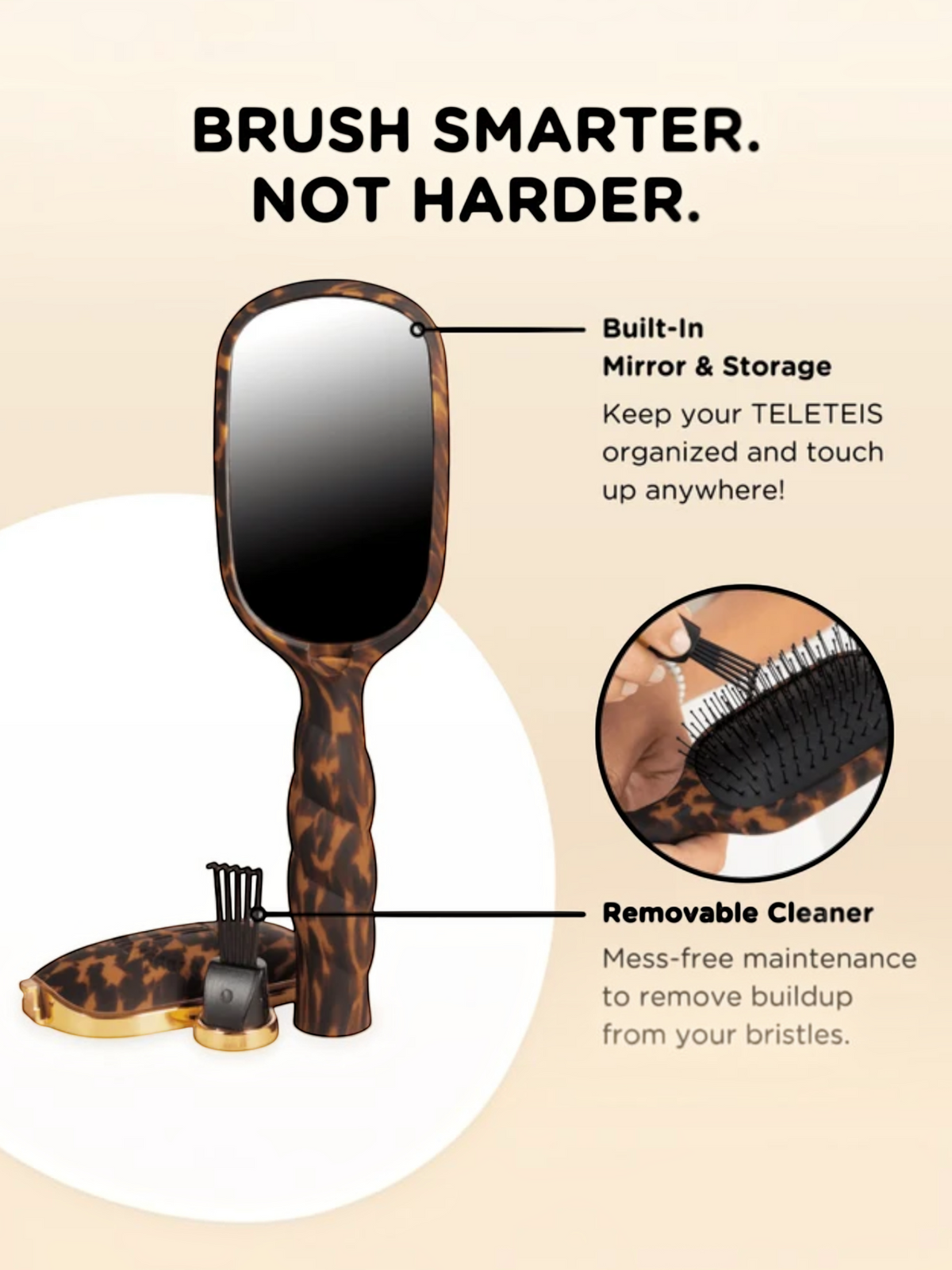 Mialur TELETIES tortoise detangler brush for fine hair featuring a built-in mirror, storage, and gold cleaning pick.