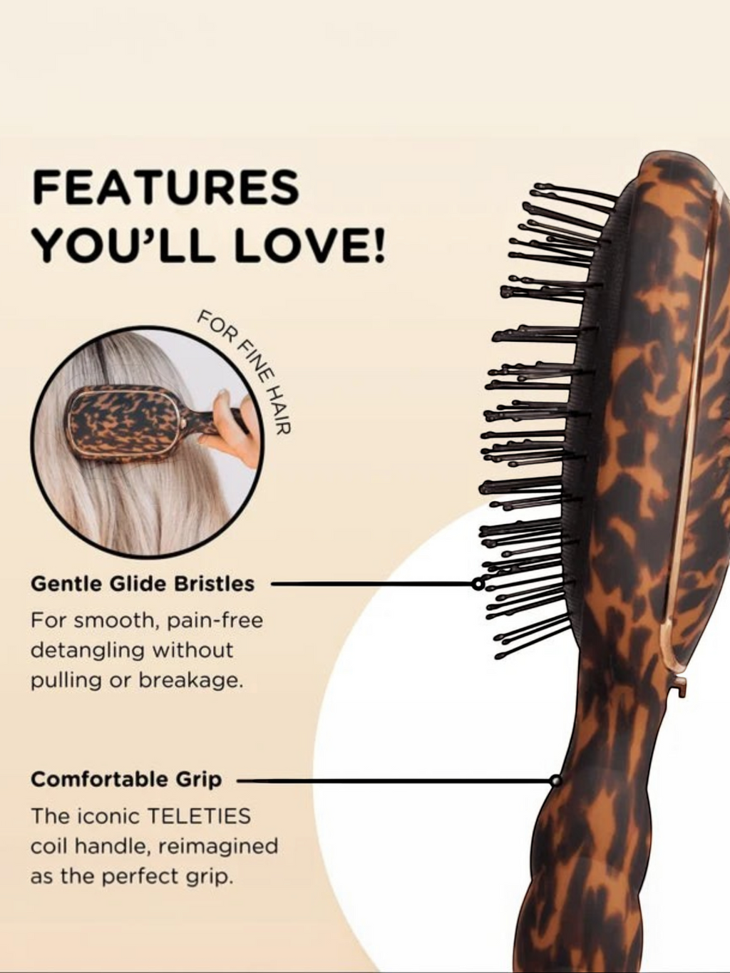 Mialur TELETIES tortoise shell detangler brush for fine hair with gentle glide bristles and coil-inspired grip
