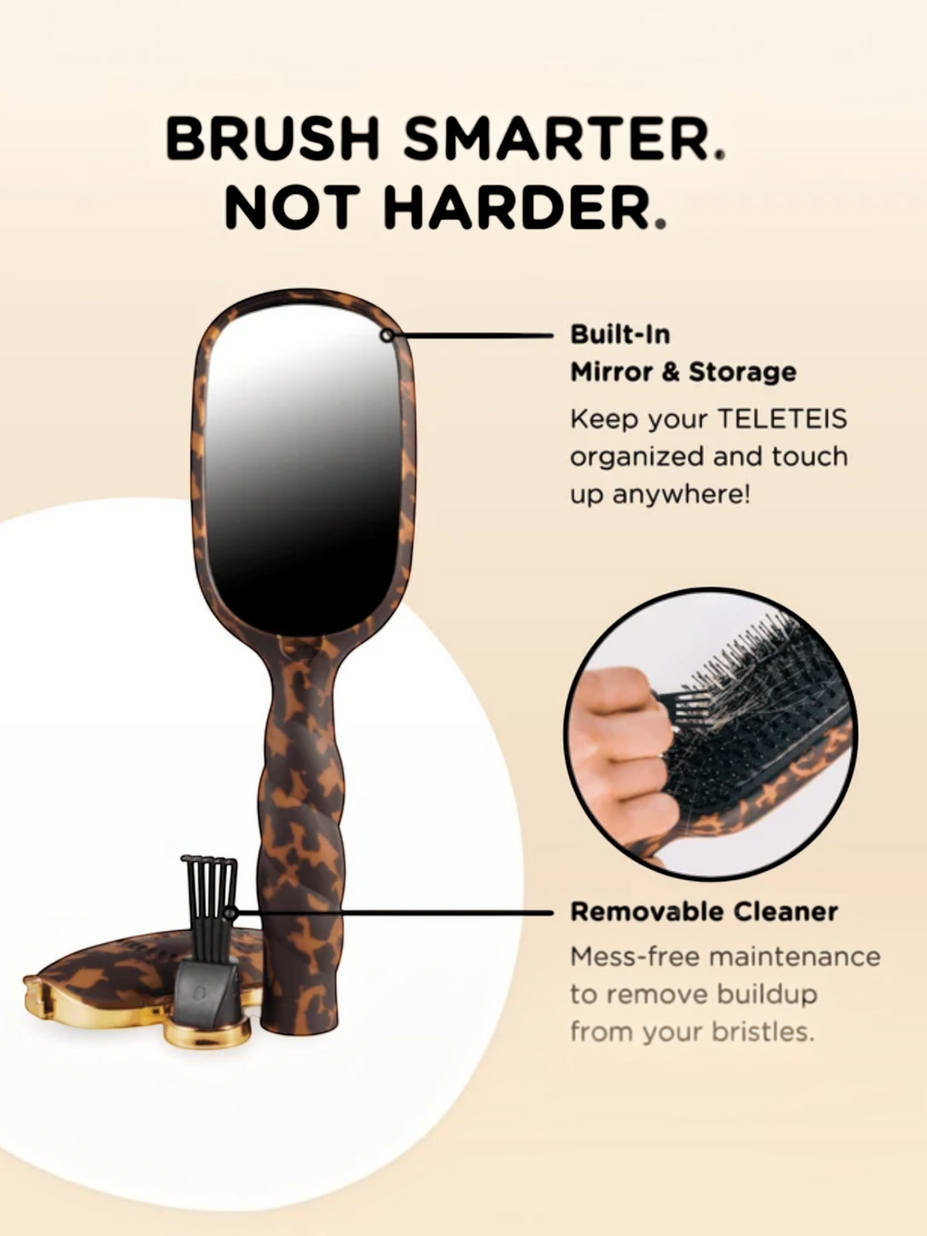 Mialur TELETIES tortoise boar bristle hair brush with built-in mirror, storage compartment, and gold hair-removal pick.