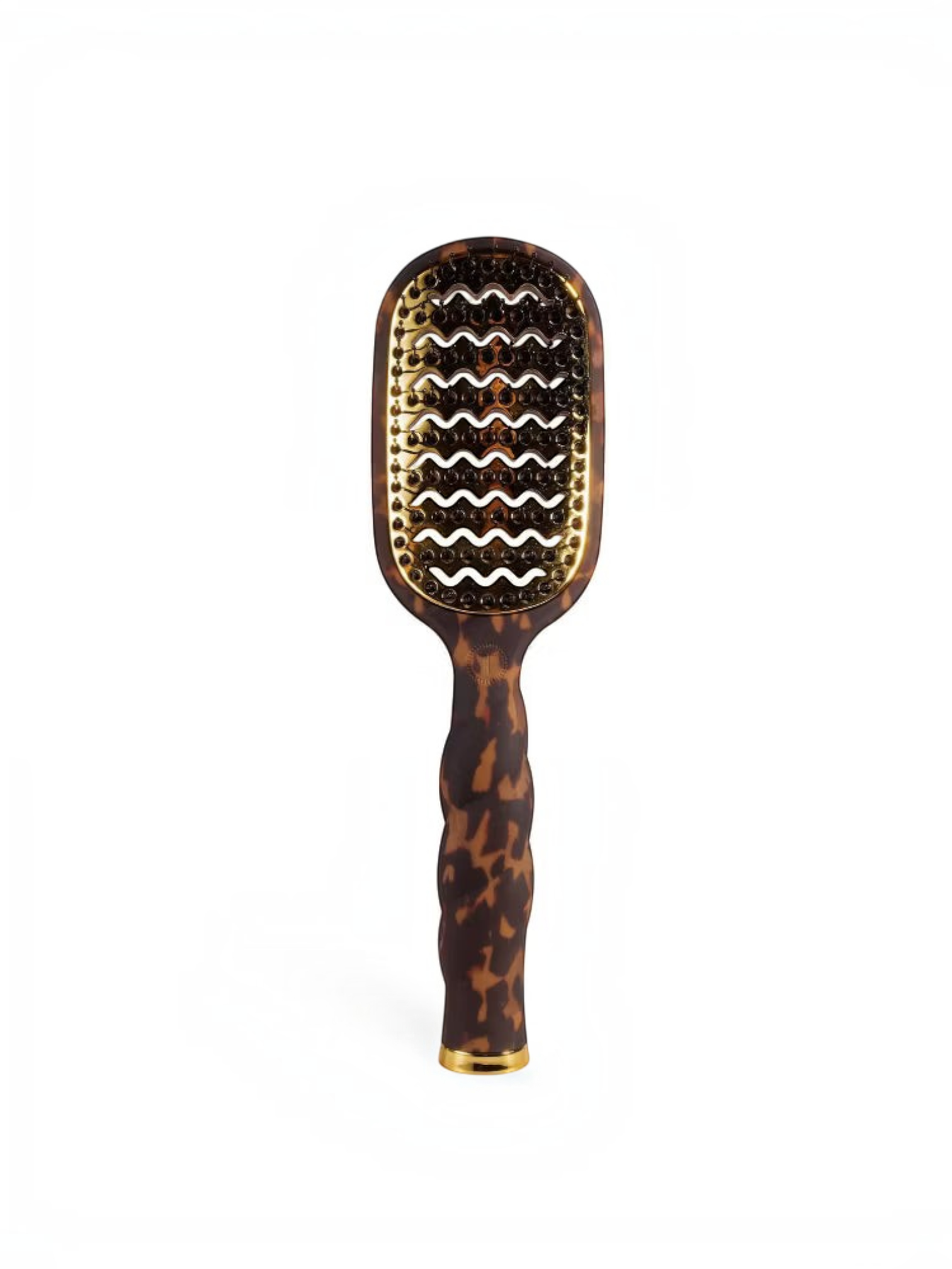 Mialur TELETIES vented hair brush in tortoise pattern with aluminum plate, coil-inspired grip, and gold cleaning pick.