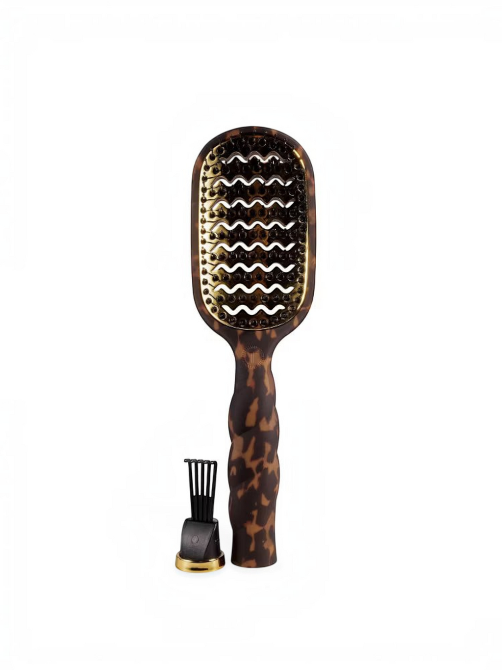Mialur TELETIES vented hair brush in tortoise pattern with aluminum plate, coil-inspired grip, and gold cleaning pick.