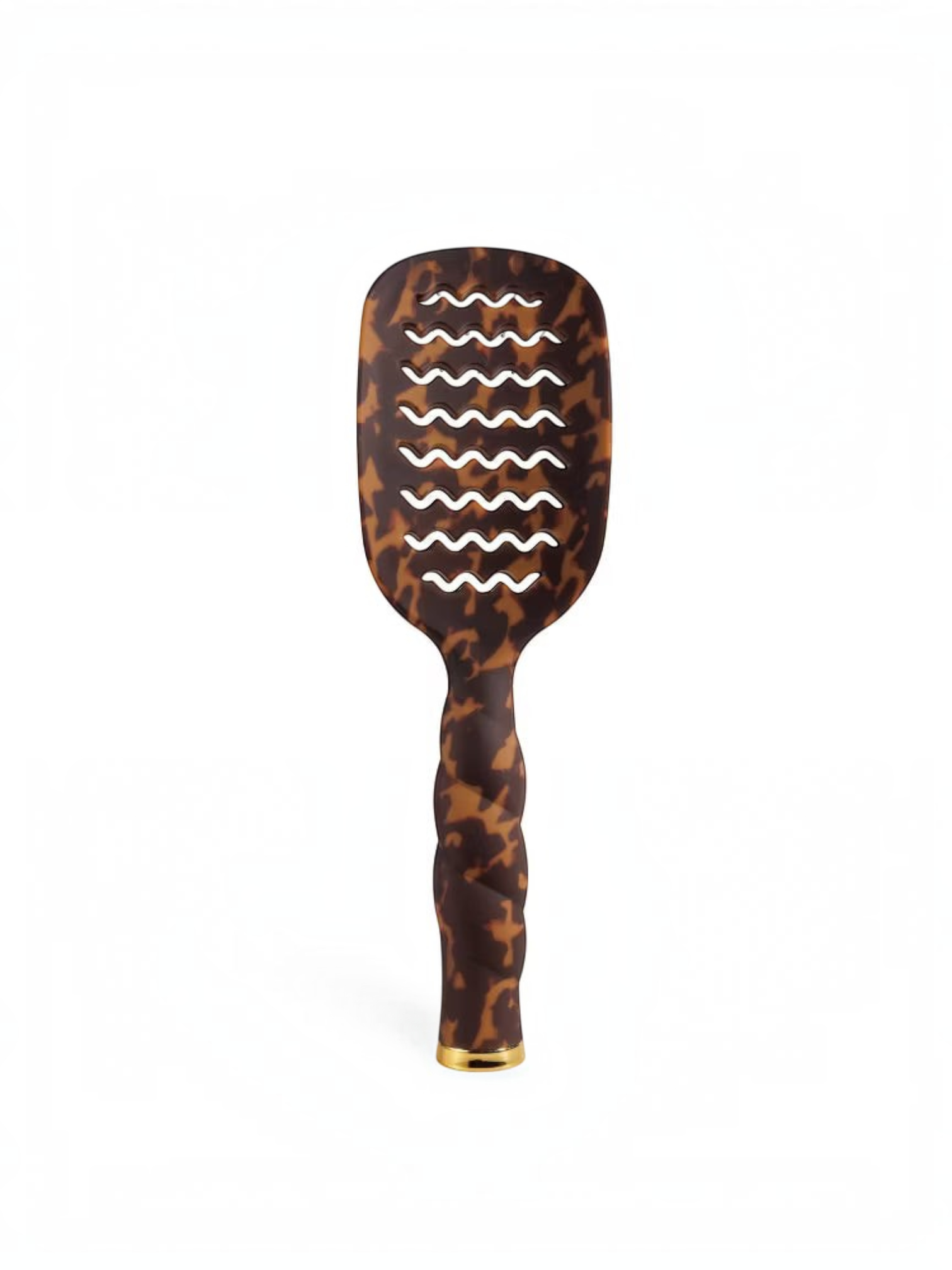 Mialur TELETIES vented hair brush in a tortoise pattern with a coil-inspired grip and gold base detail.