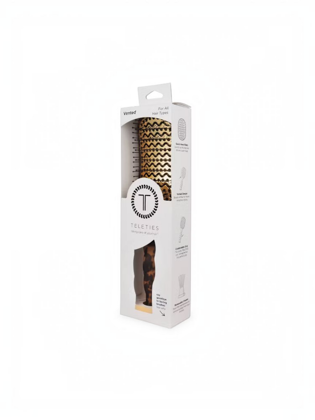 Mialur TELETIES vented hair brush in tortoise print packaging with aluminum heat-distributing plate and gold pick.