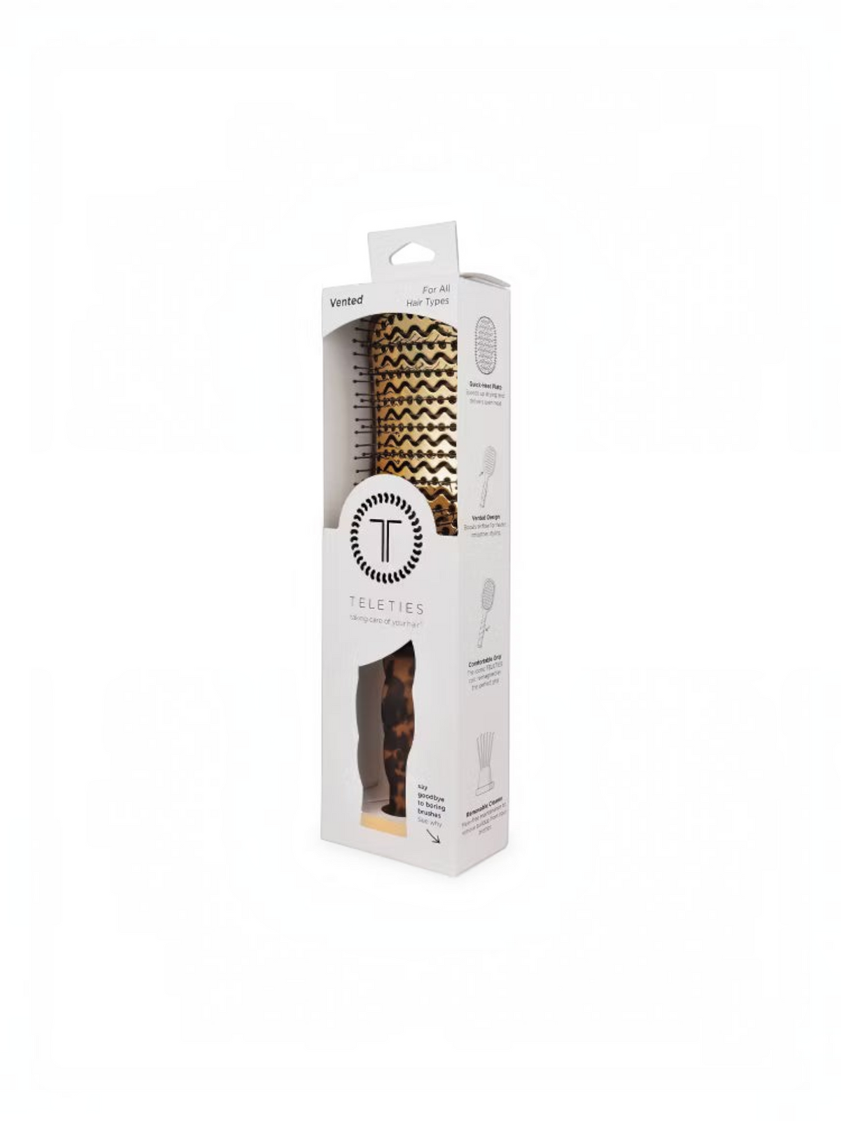 Mialur TELETIES vented hair brush in tortoise print packaging with aluminum heat-distributing plate and gold pick.