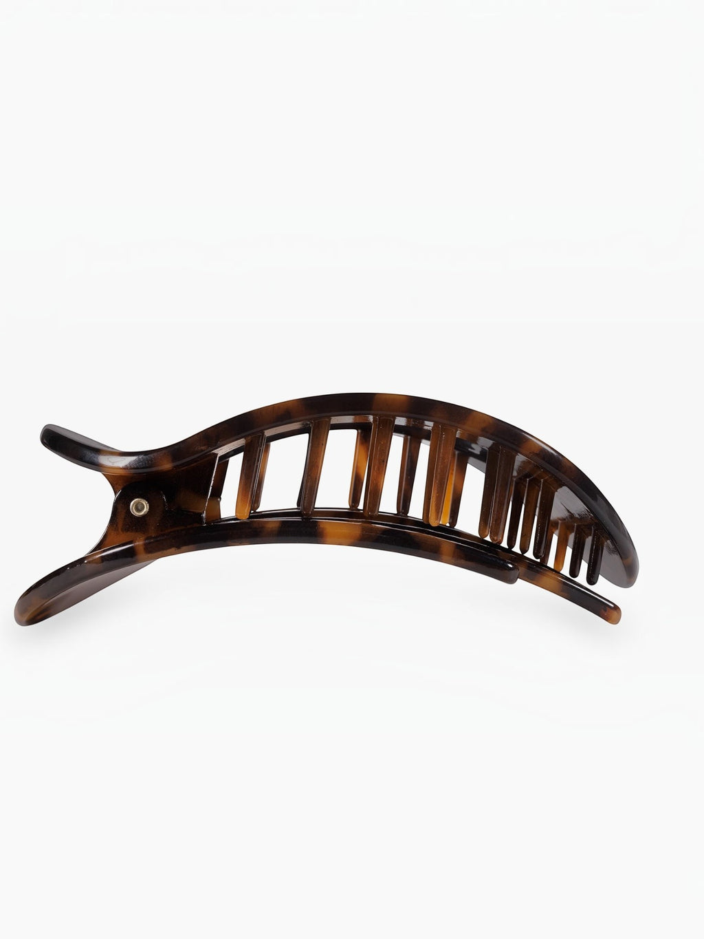 Mialur large flat round hair clip in brown tortoise shell pattern with bendable teeth for comfortable all-day wear.