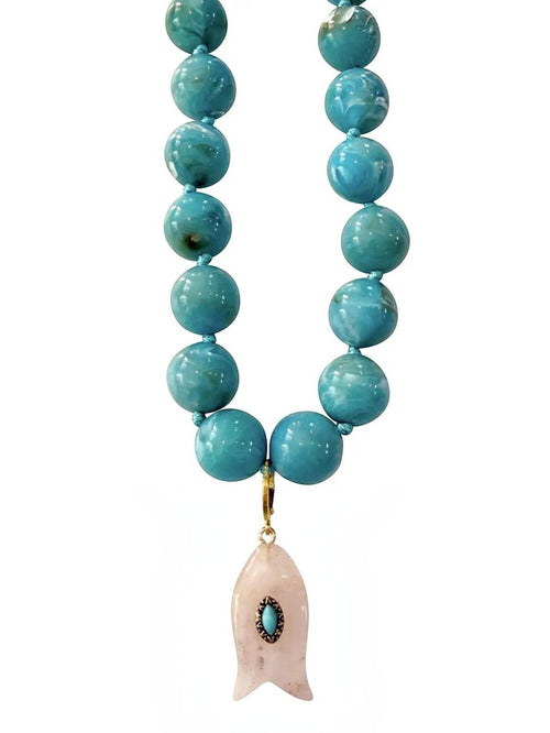 Mialur turquoise marbled bead necklace featuring a stone fish charm with gold-tone hardware for a coastal style.
