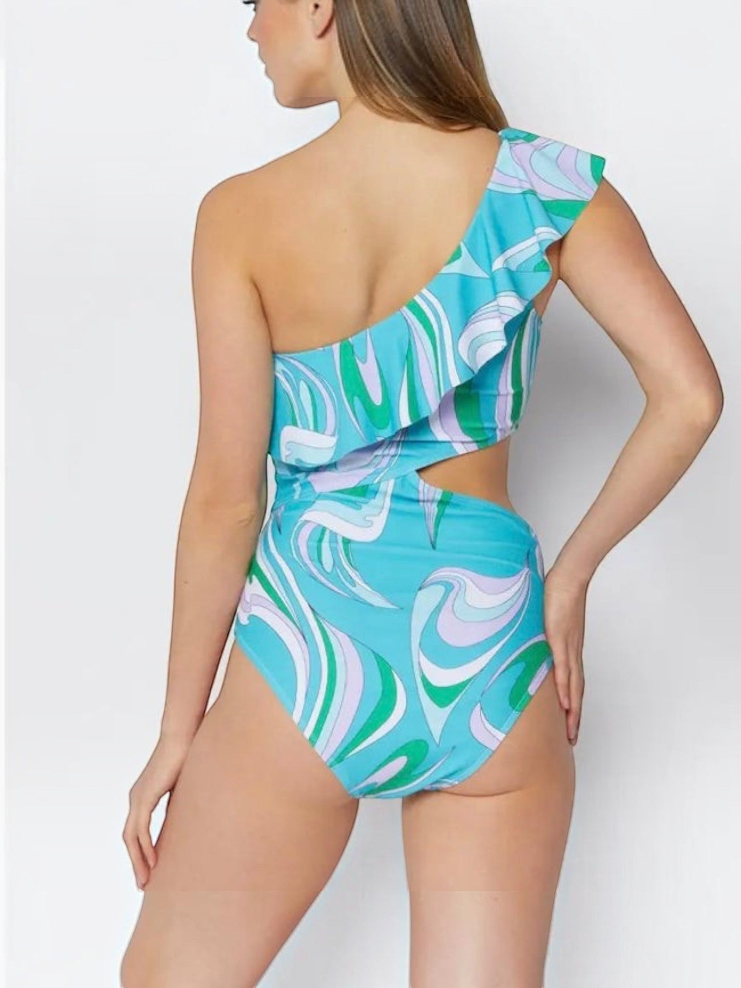 Mialur one-piece swimsuit featuring a turquoise, mint, and white wave print with a one-shoulder ruffle and cutout.