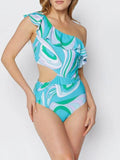 Mialur one-piece swimsuit in turquoise, mint, and white swirl print with a one-shoulder ruffle and waist cutout.
