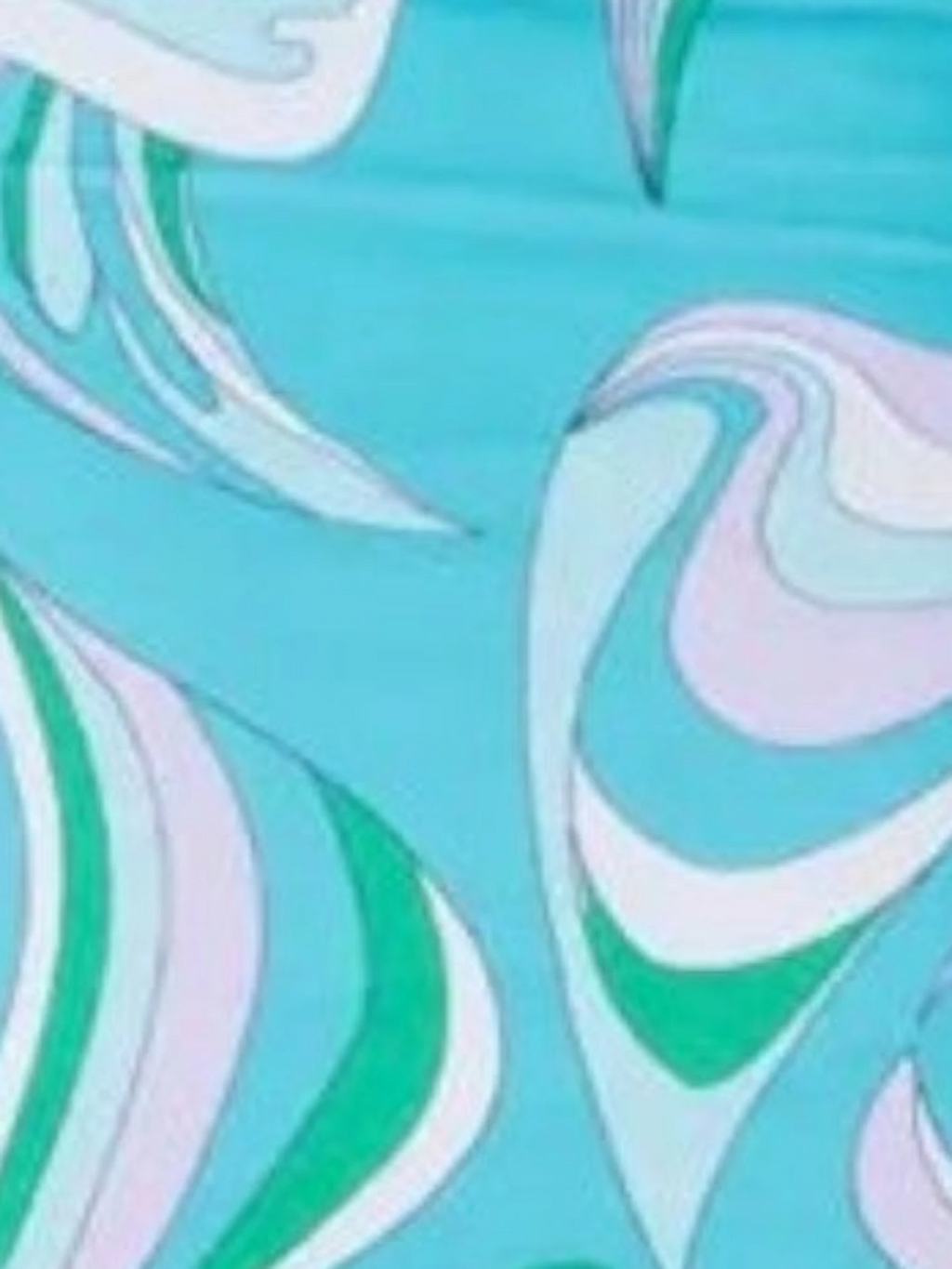 Mialur one-piece swimsuit featuring a vibrant turquoise, mint, and white abstract wave and swirl print pattern.