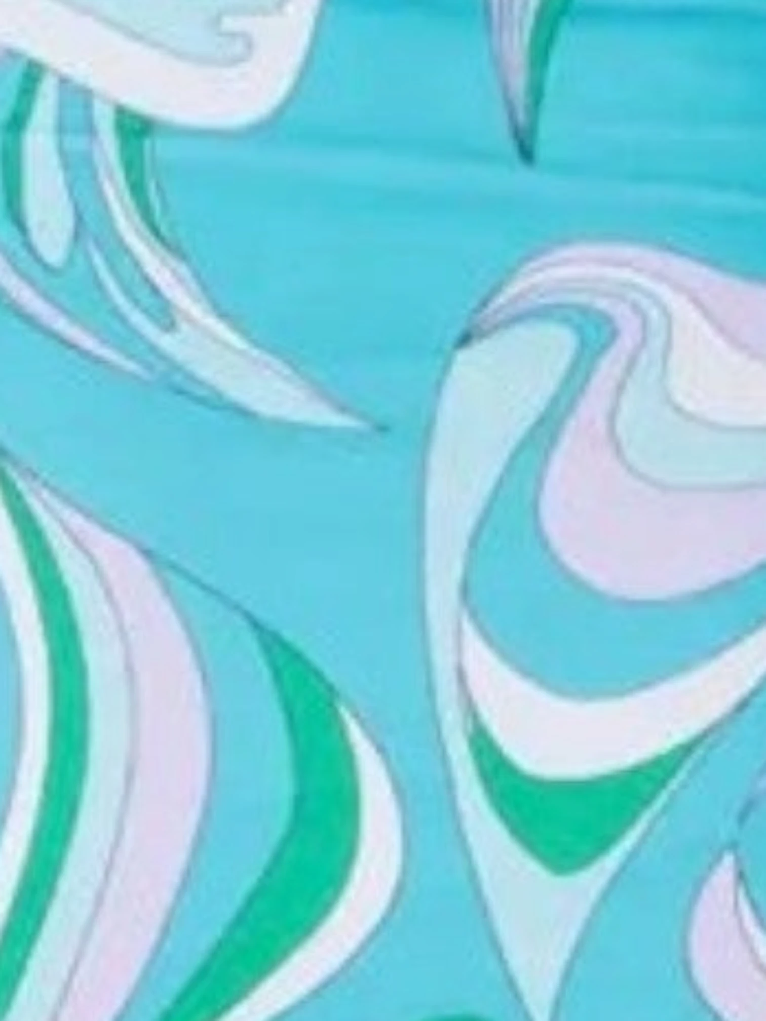 Mialur one-piece swimsuit featuring a vibrant turquoise, mint, and white abstract wave and swirl print pattern.