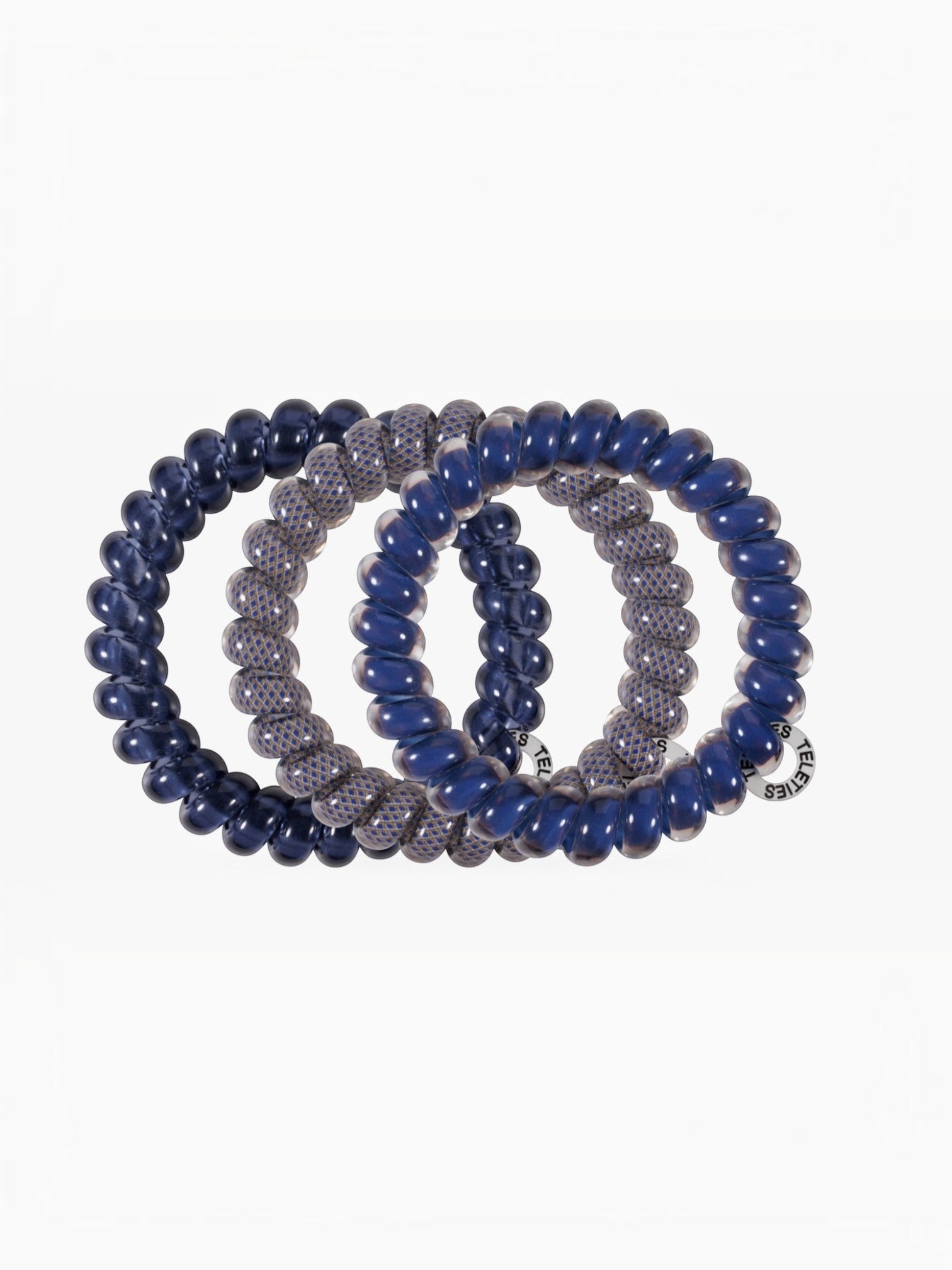 Mialur Twilight Tones large spiral coil hair ties in navy blue and patterned designs for a strong, crease-free hold.