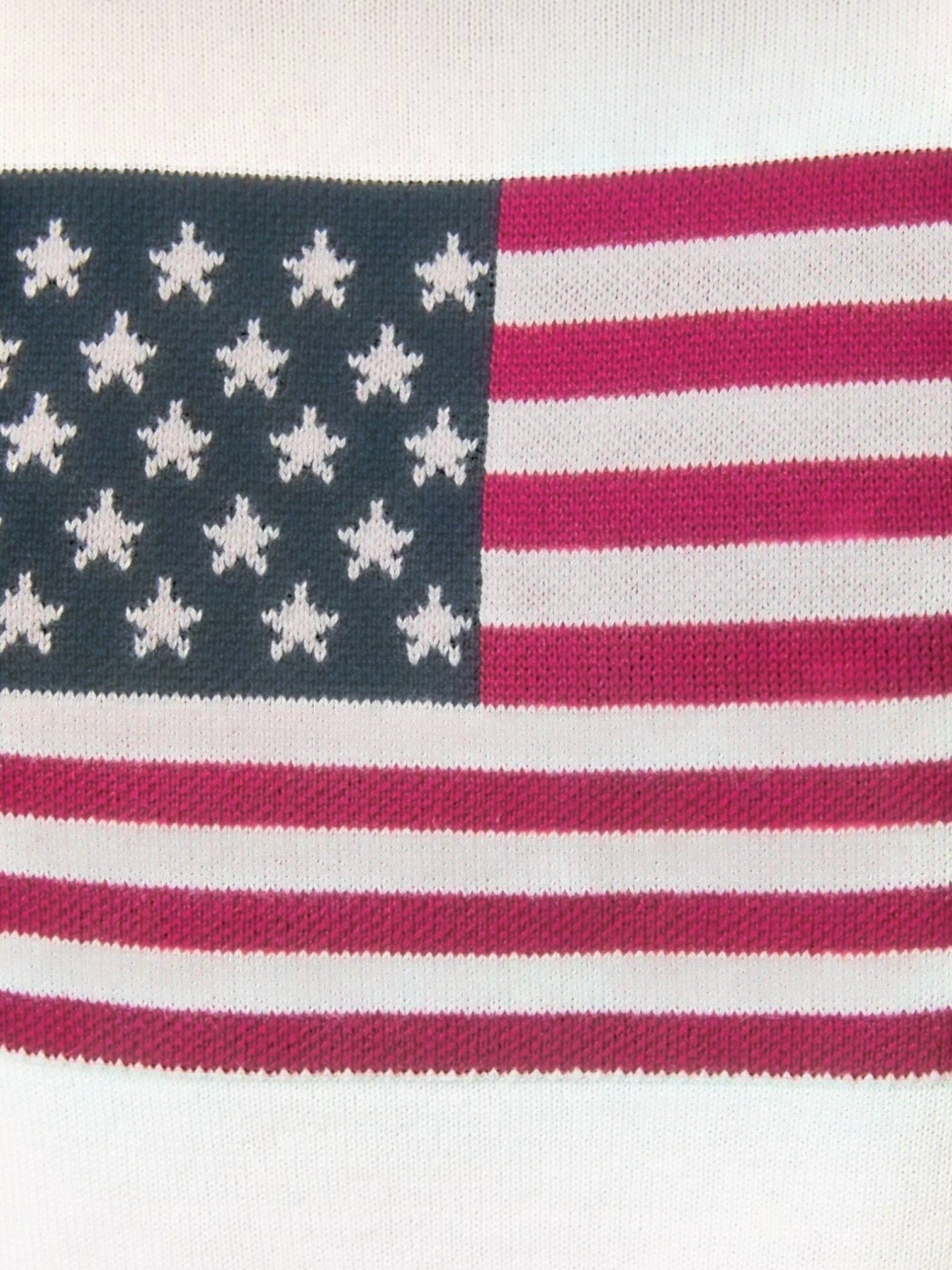 Mialur USA Mock Neck Top featuring a detailed American flag graphic in red, white, and blue on a white knit fabric.