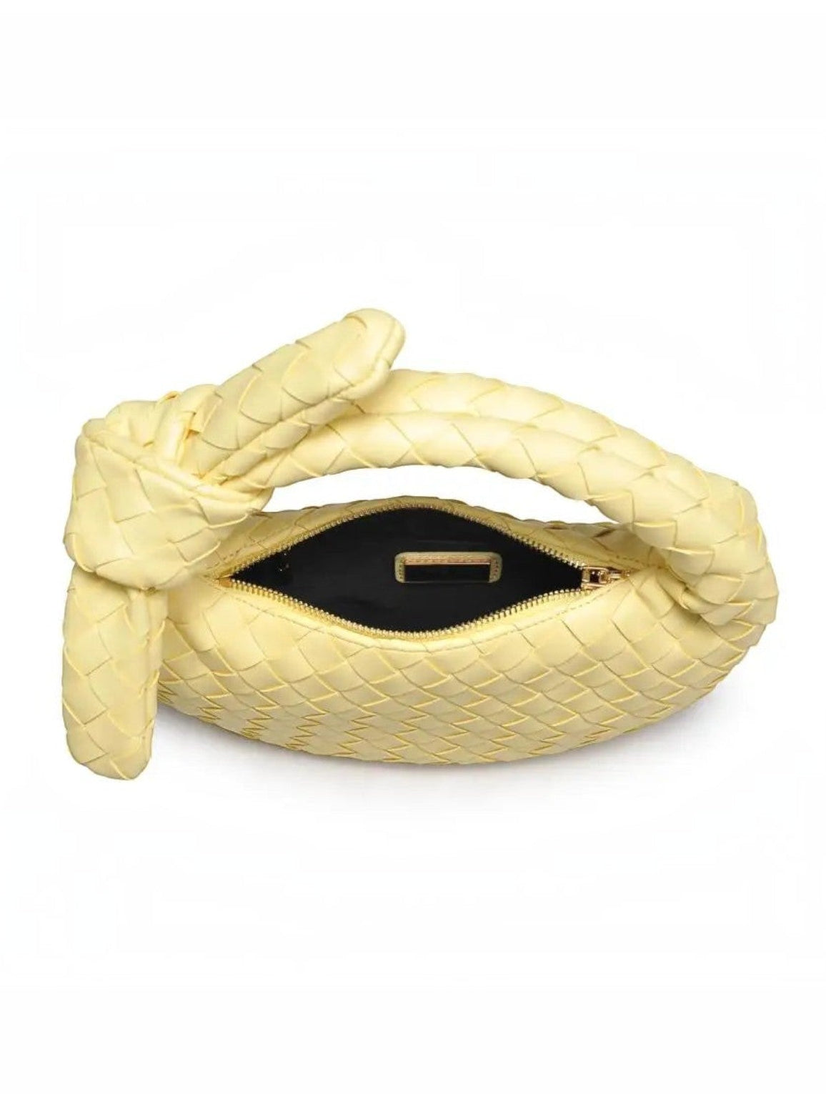 Mialur Verona Bag in butter yellow vegan leather with a woven texture and a distinctive knotted top handle.