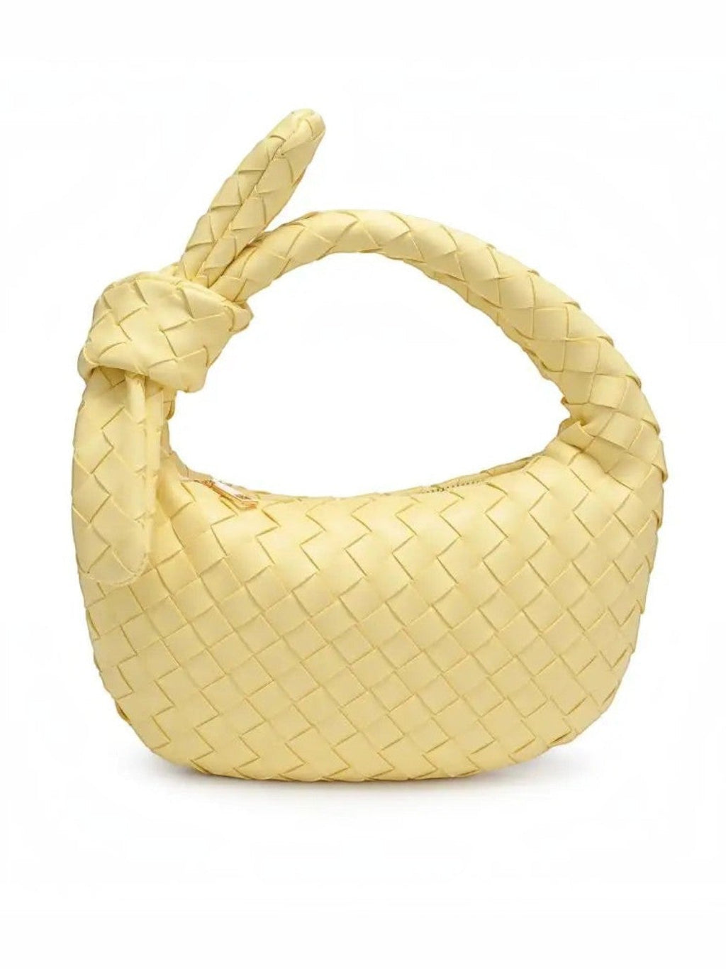 Mialur Verona Bag in butter yellow vegan leather with a woven texture and a distinctive knotted top handle.