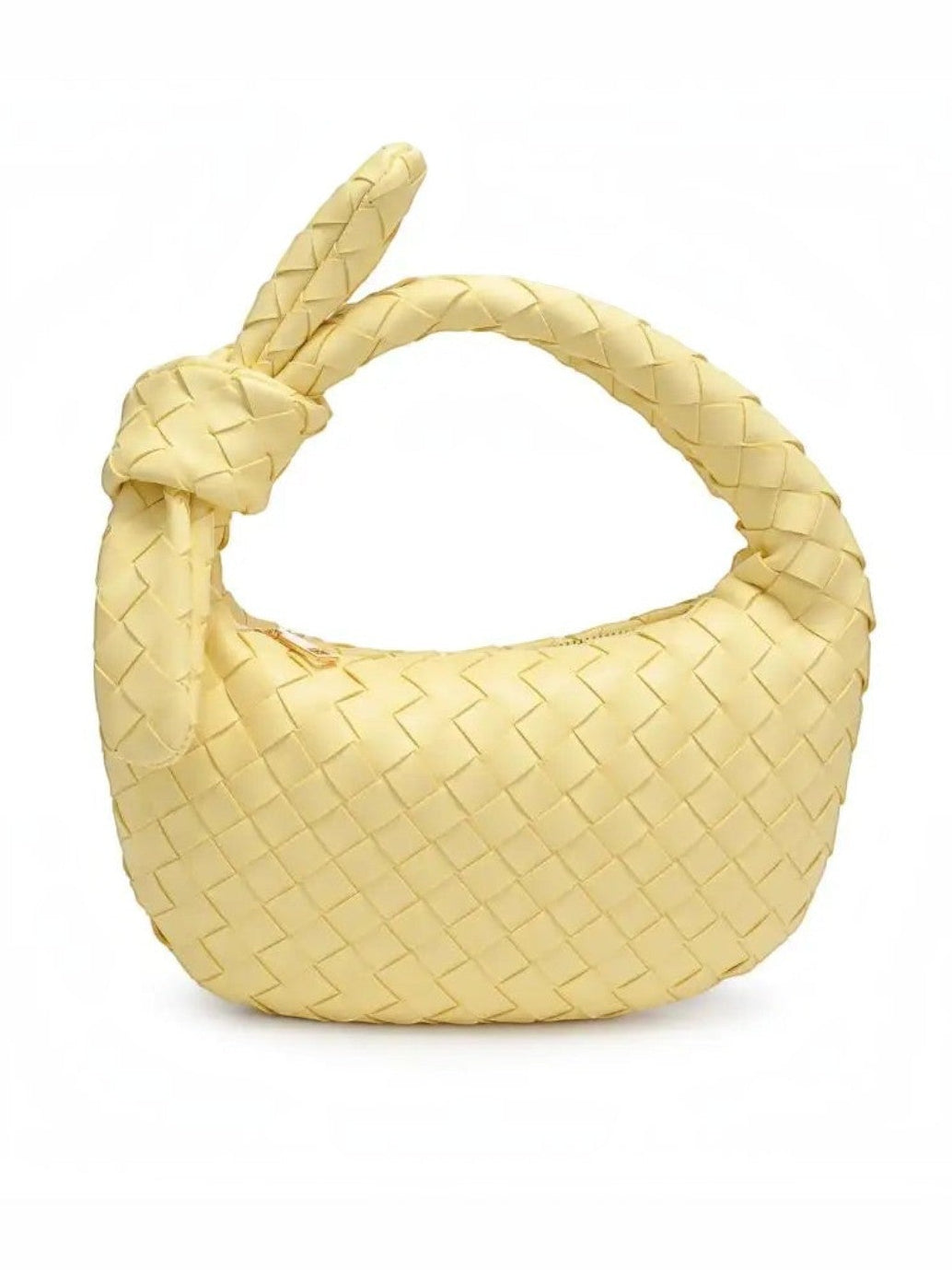 Mialur Verona Bag in butter yellow vegan leather with a woven texture and a distinctive knotted top handle.